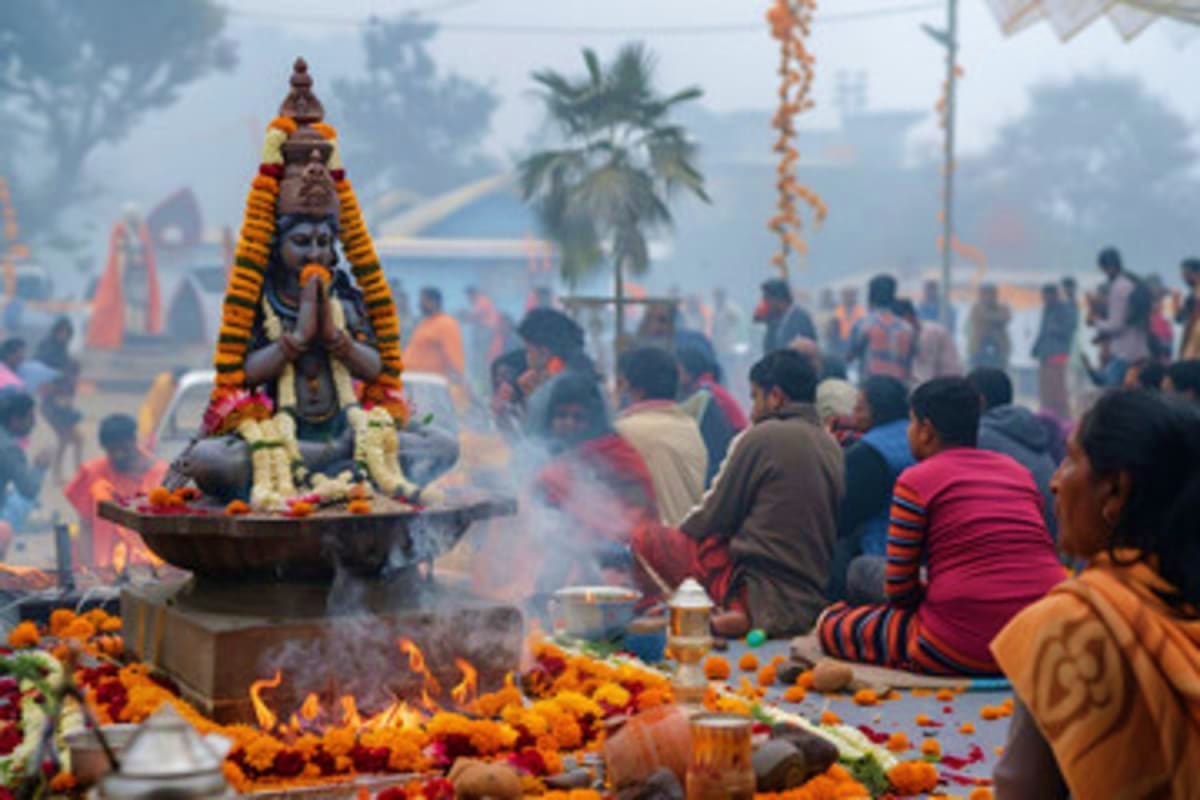 Devotees performing prayer rituals at a Hindu temple statue decorated with marigold flowers and garlands during a religious c