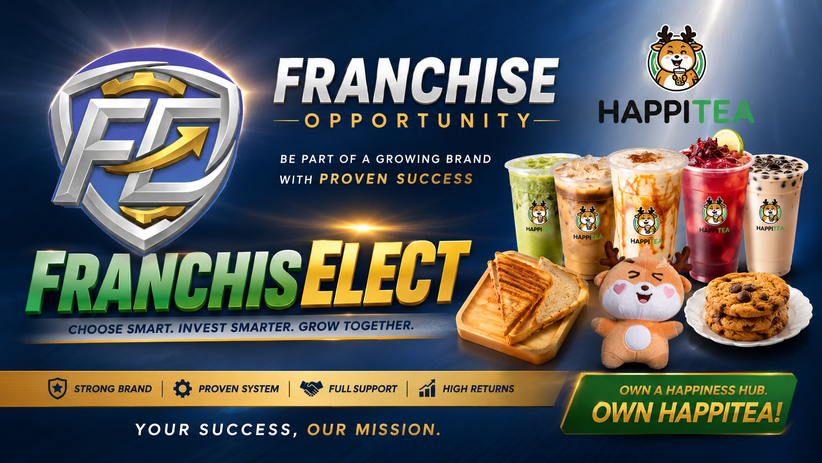 HappiTea Franchise Opportunity banner with Franchise Elect logo, bubble tea drinks, snacks, and franchise investment message.