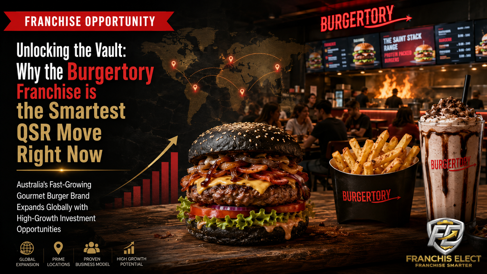 urgertory franchise opportunity featuring Australia's premium gourmet burger brand, international expansion, modern restaurant concept, QSR franchise investment