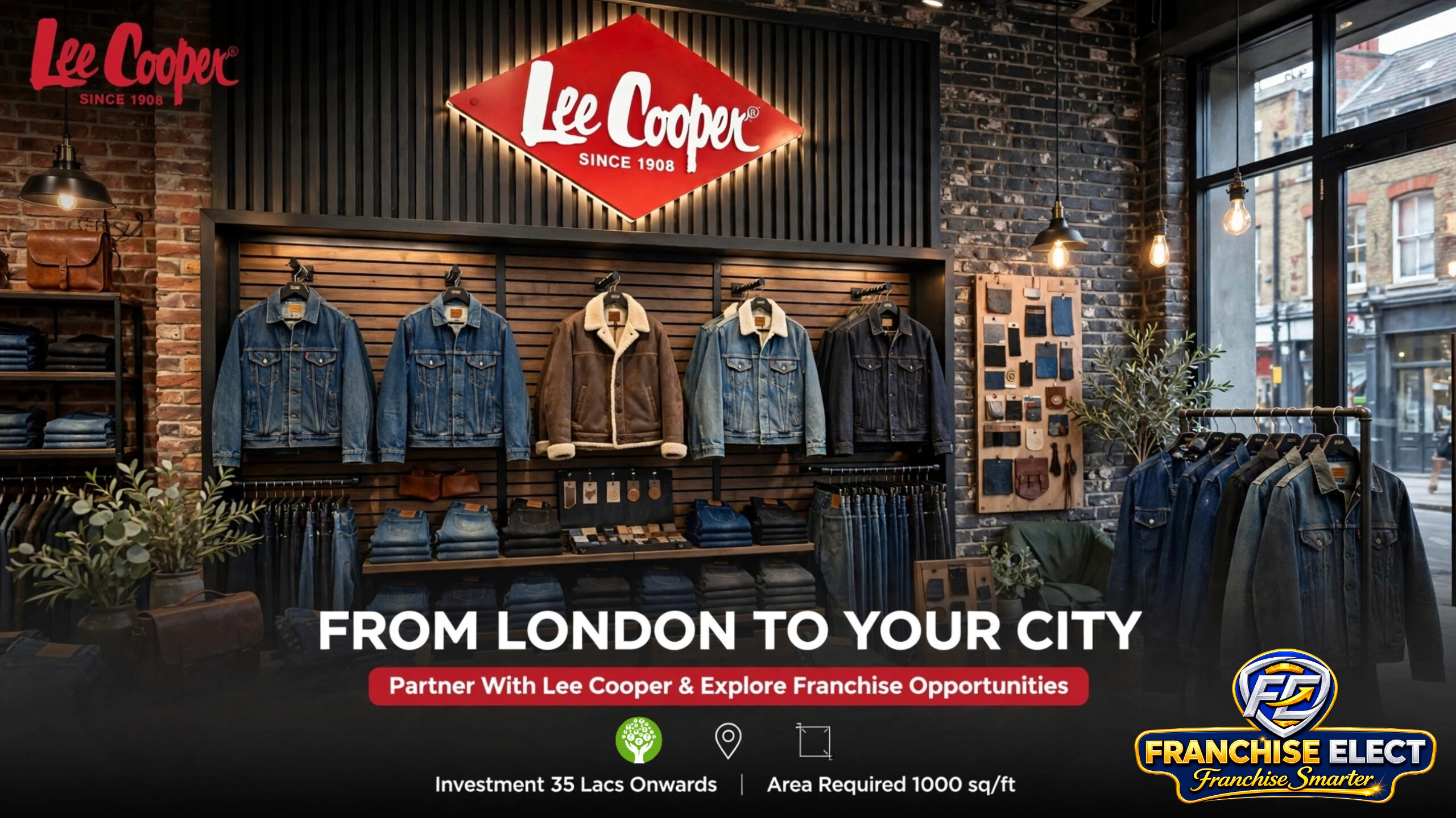 Lee Cooper denim franchise store interior featuring branded jackets, jeans, and rustic industrial decor with franchise info.