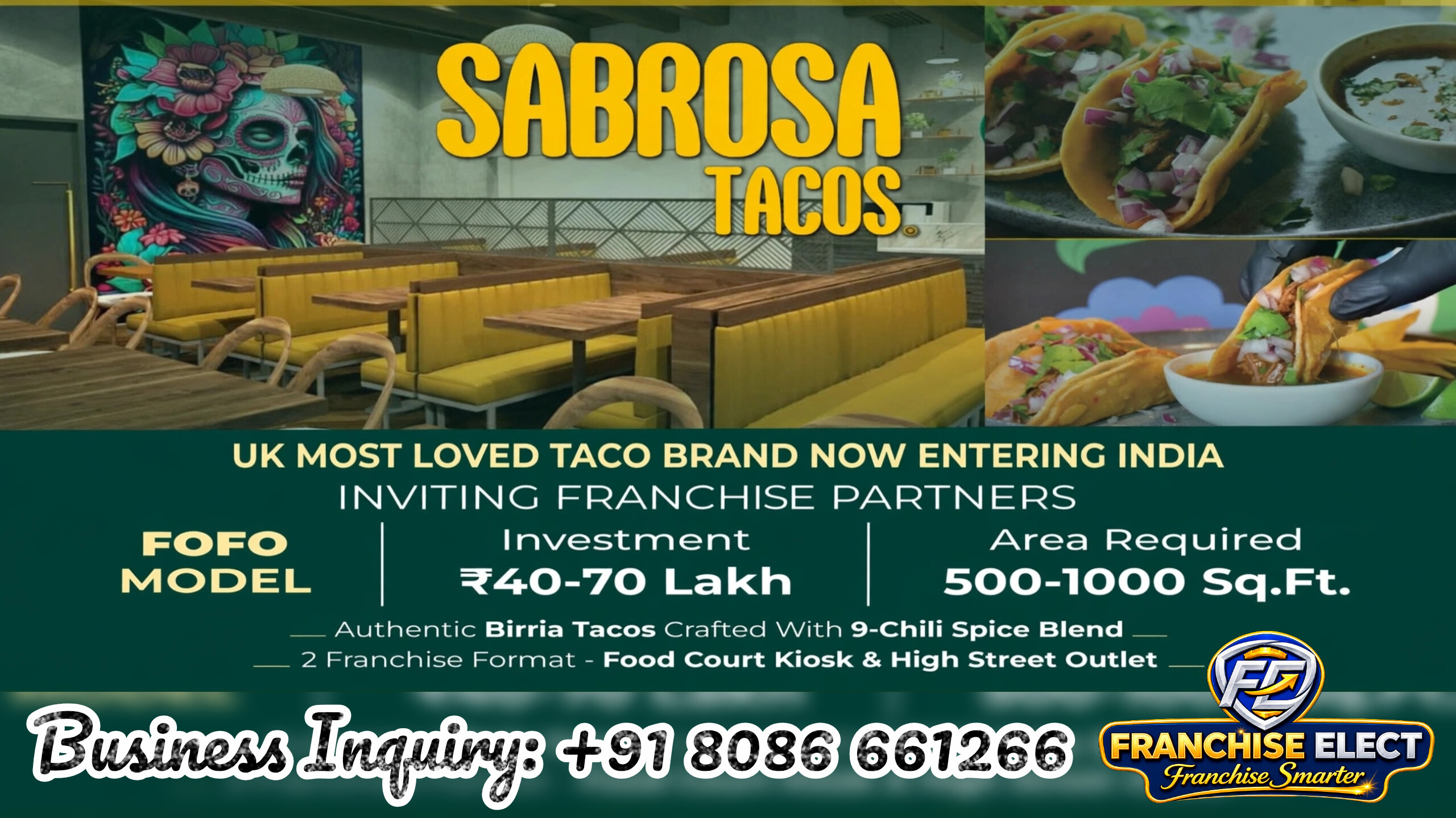 Sabrosa Tacos India franchise opportunity banner showing restaurant interior, Birria tacos, and FOFO investment details.