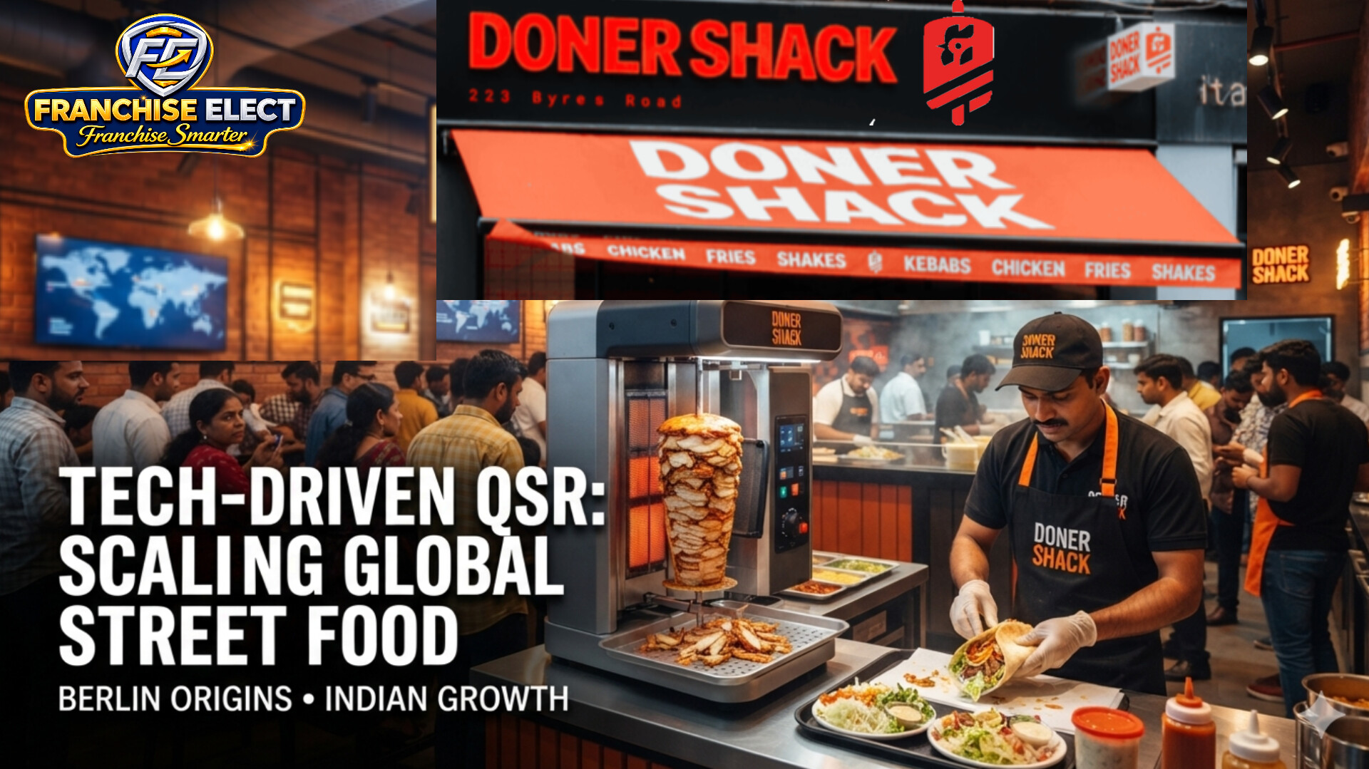 Doner Shack kitchen showing robotic kebab cutters and staff preparing street food for customers in an automated fast-casual restaurant franchise location.