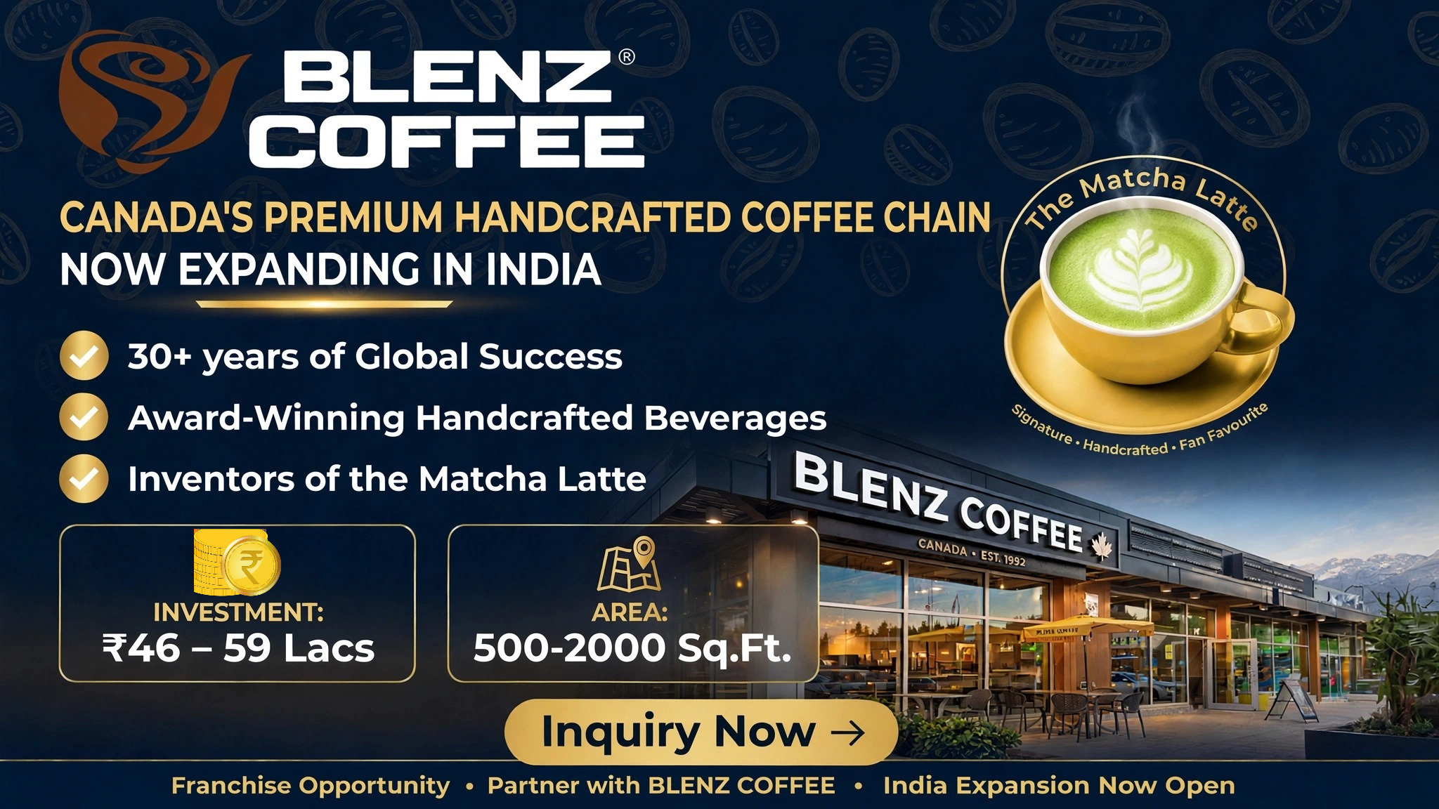 Blenz Coffee India franchise expansion banner featuring a matcha latte, cafe storefront, and investment opportunity details.