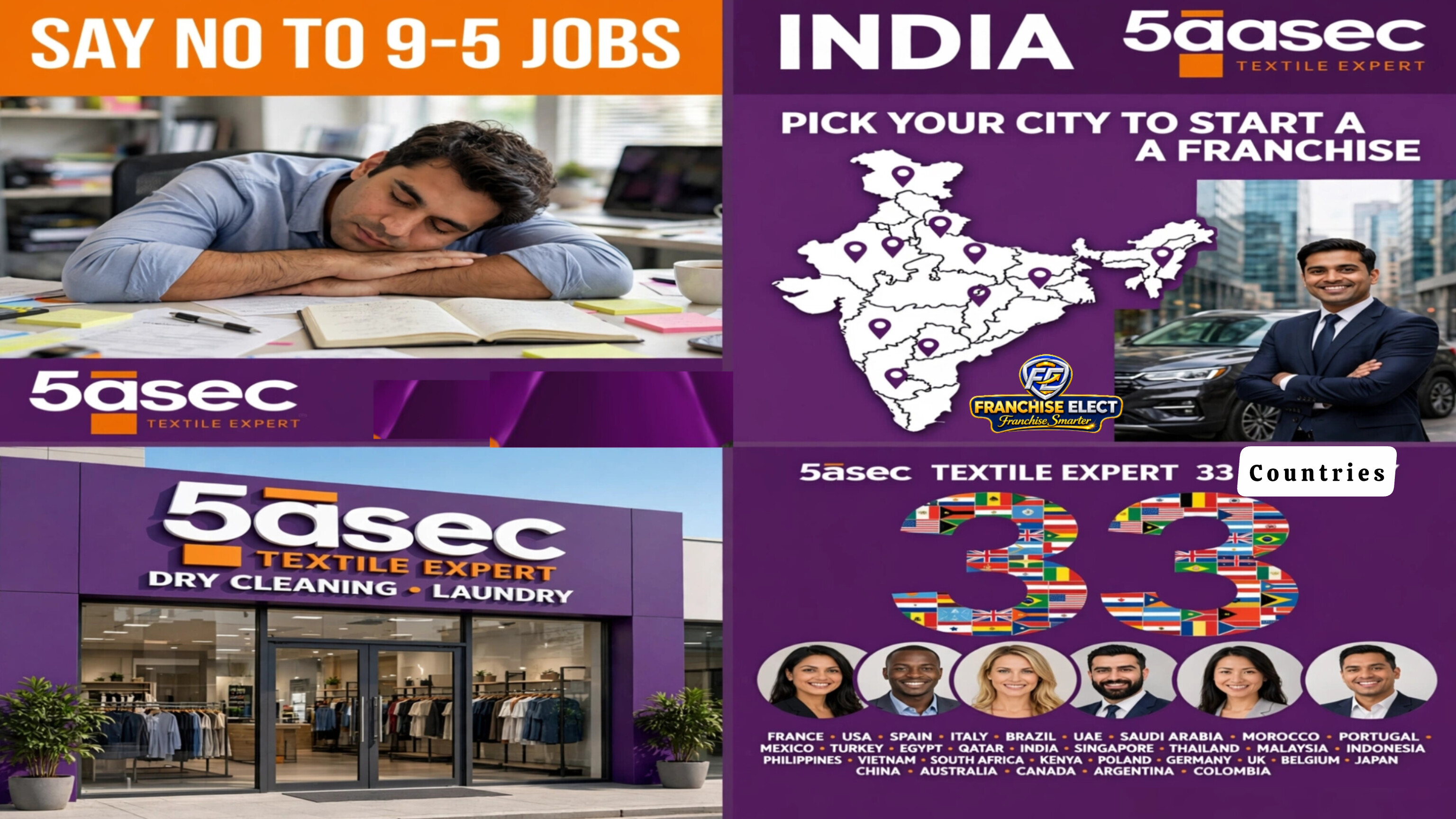 5asec Textile Expert franchise opportunity in India showing a global presence in 33 countries and local store facade.