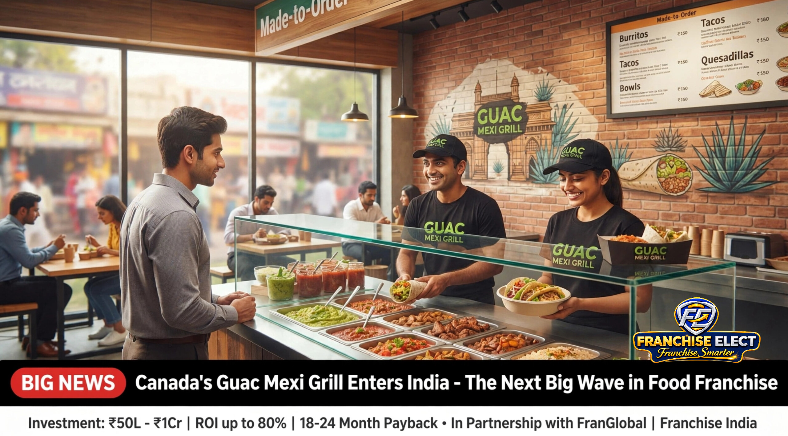 Guac Mexi Grill staff serving fresh tacos and burritos to a customer in a modern Indian fast-casual restaurant setting.