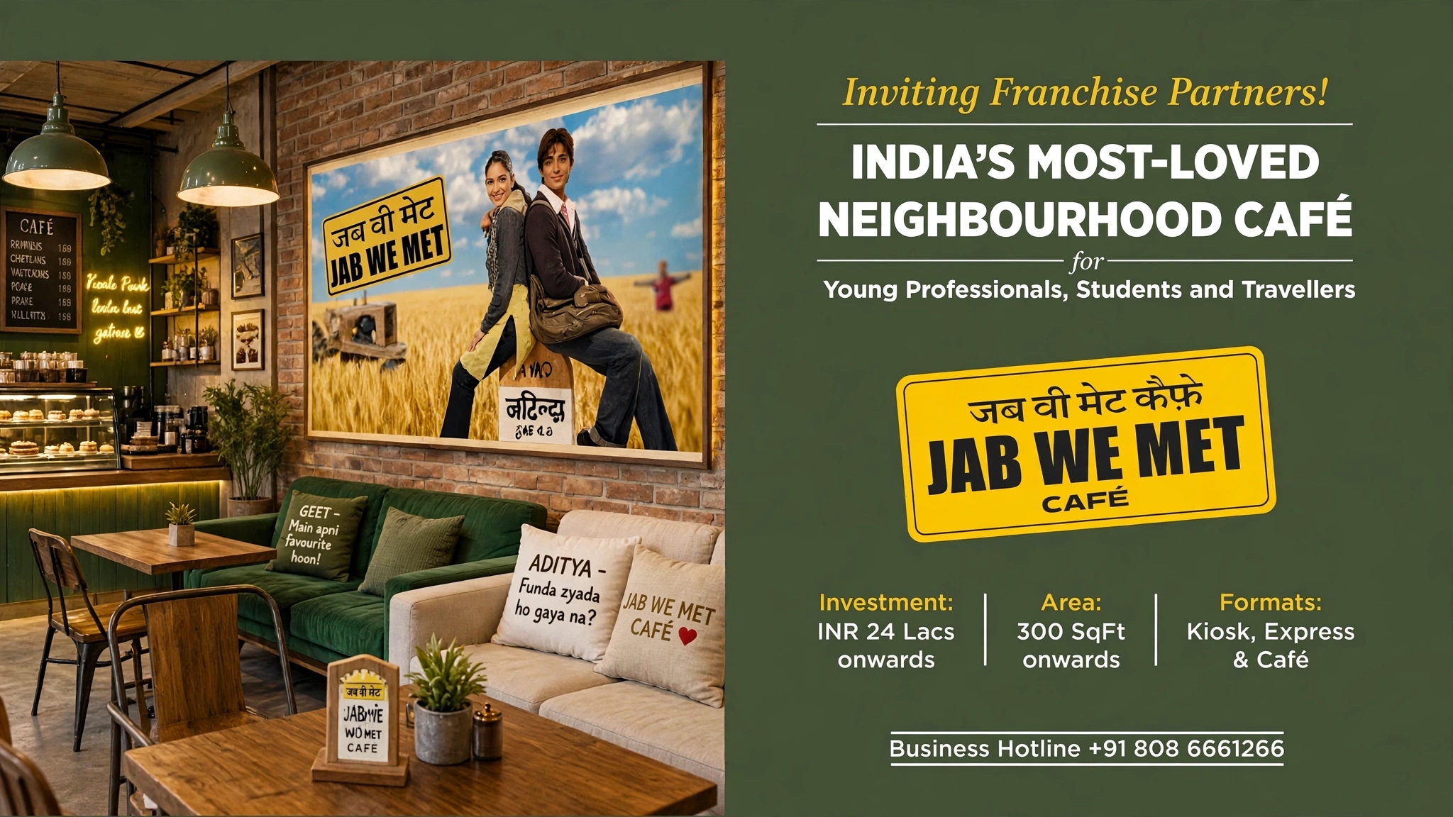 Jab We Met Cafe interior with movie-themed decor and franchise investment details for India’s most-loved neighborhood cafe.
