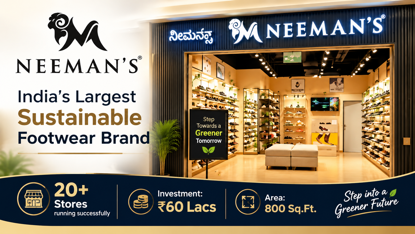 Modern Neeman's footwear store interior showcasing sustainable shoes with franchise investment details for partners.