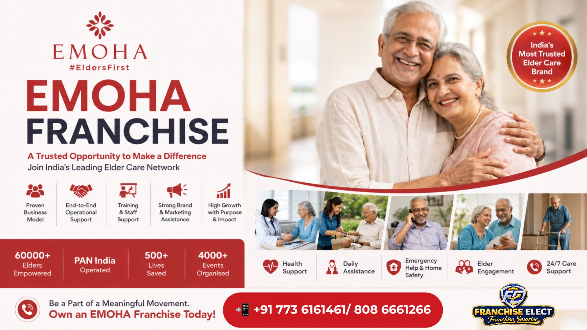 Emoha Franchise elder care business opportunity banner featuring a smiling senior couple and key services for elderly people.
