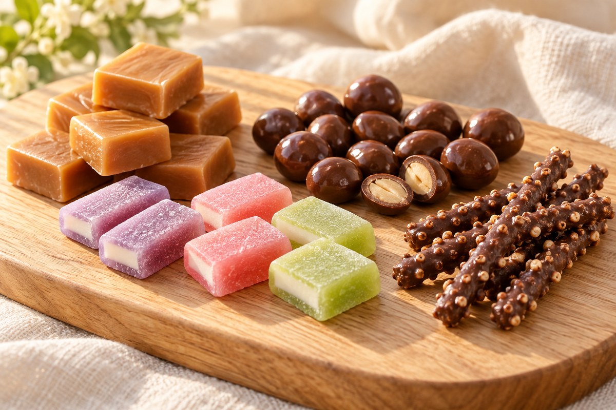 Milk caramels, chewy fruit candies, chocolate-coated peanuts and chocolate twig sticks on a wooden board