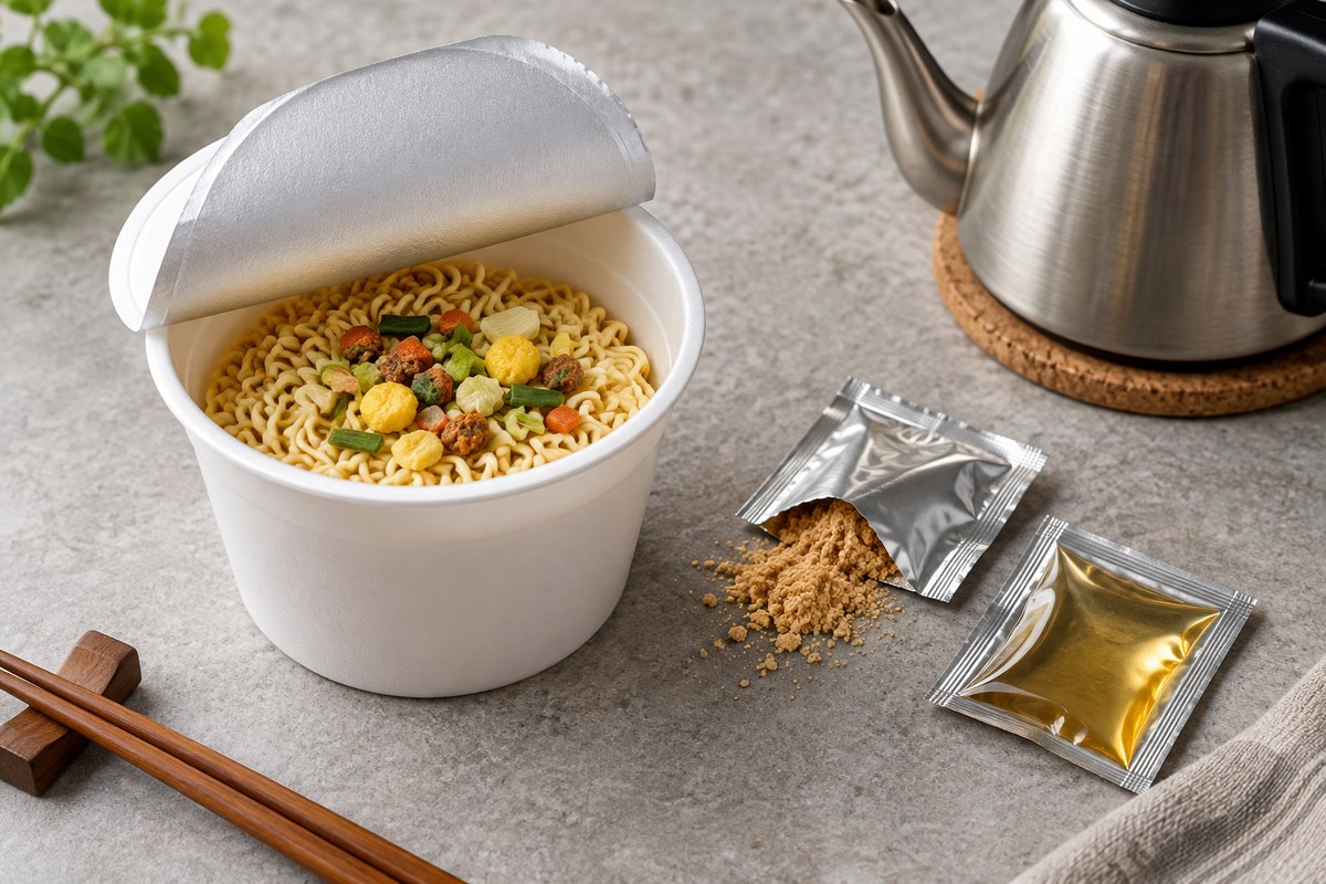 An opened instant noodle cup beside two small seasoning sachets, one of powder and one of liquid oil
