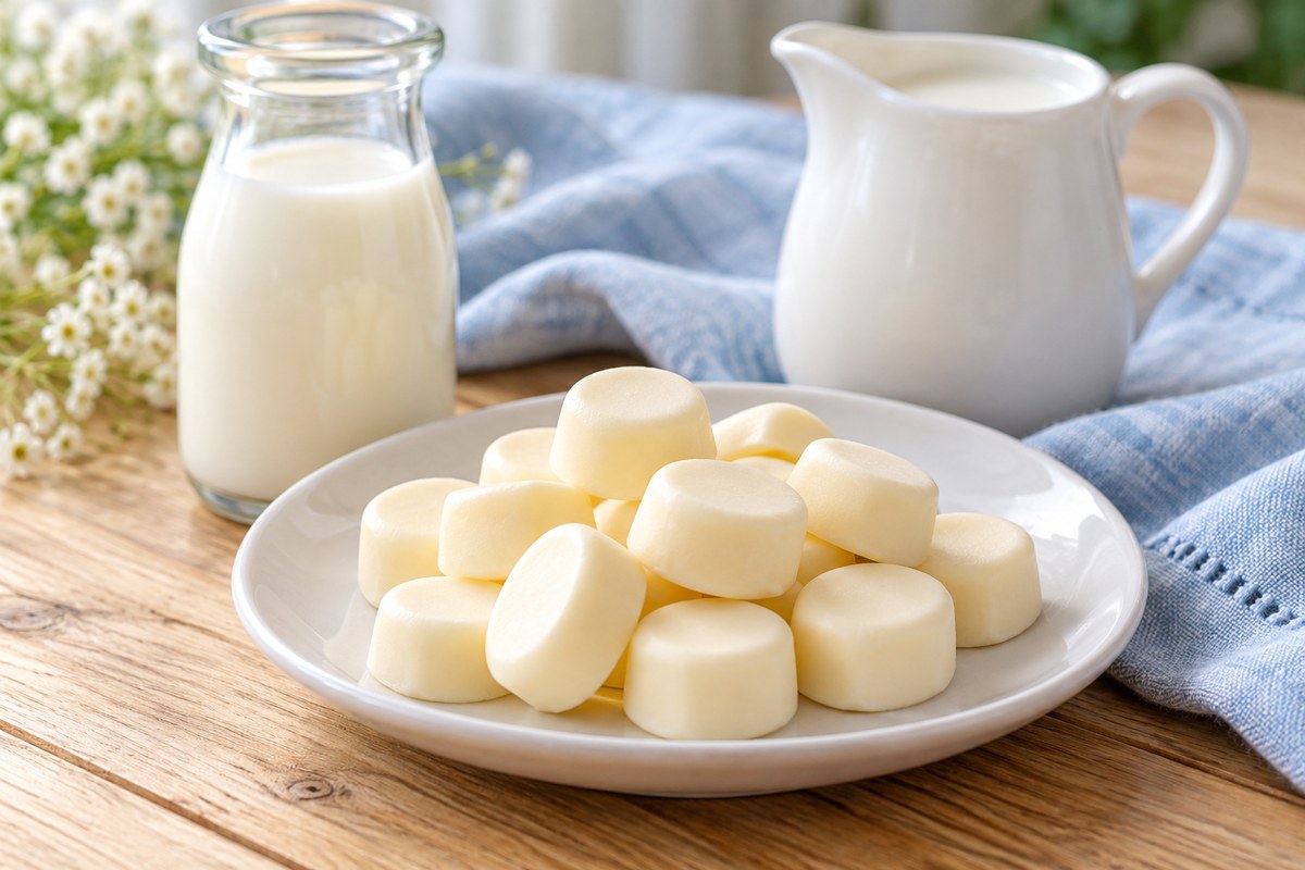 Soft white milk candies piled on a white plate beside a glass bottle and a pitcher of fresh milk