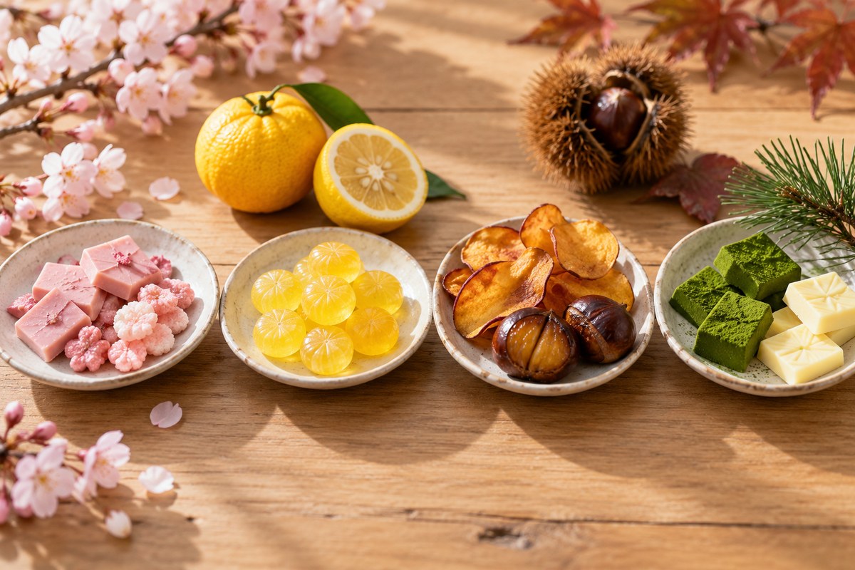Four small dishes of Japanese snacks, one per season: pink sakura sweets, yellow citrus candies, sweet potato chips with chestnuts, and matcha chocolate