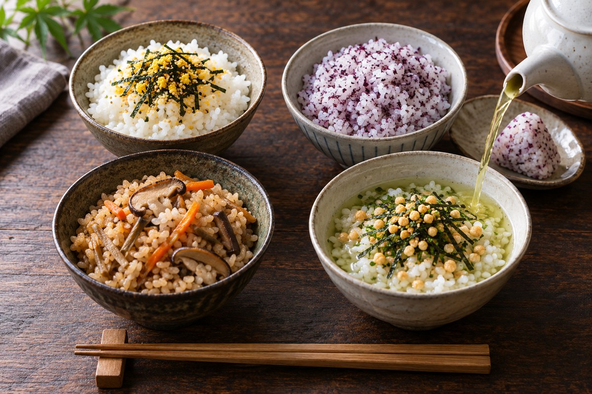 Four bowls of rice: furikake sprinkled on top, red shiso mixed through, rice cooked with mushrooms and carrot, and ochazuke with tea being poured over