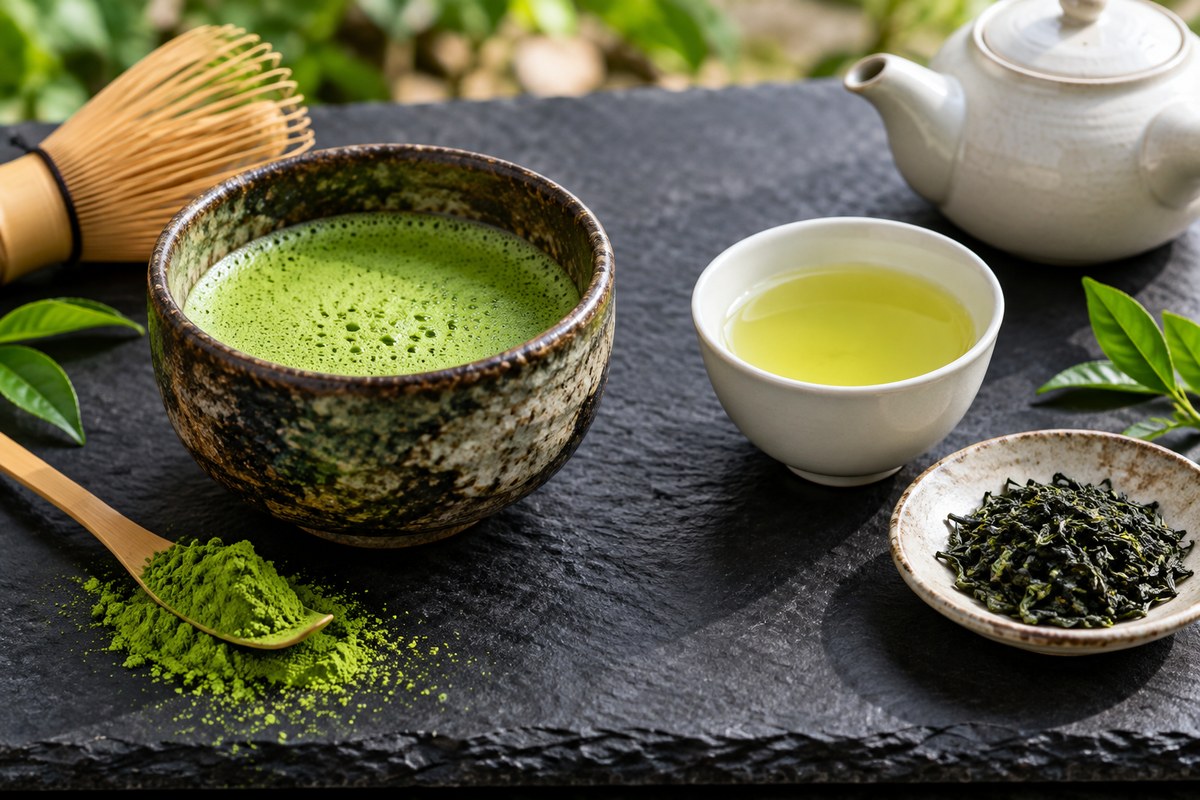 A bowl of frothy whisked matcha with a bamboo whisk and matcha powder, next to a cup of clear brewed green tea and loose tea leaves
