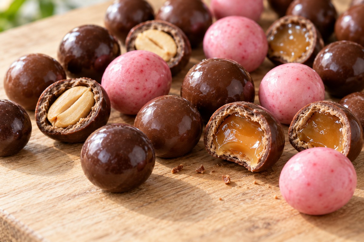 Small glossy chocolate balls, some cut open to show a peanut or a caramel center, with pink strawberry-coated ones among them
