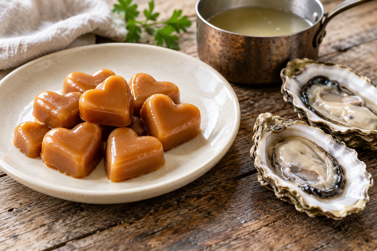 Heart-shaped caramels on a plate beside fresh oysters in their shells and a small pan of broth