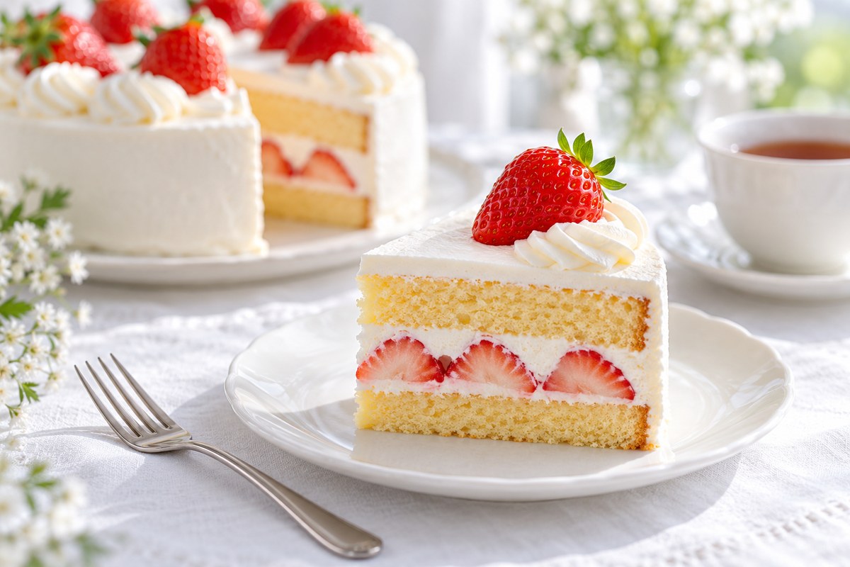 A slice of Japanese strawberry shortcake with sponge, whipped cream and strawberries, the whole cake behind it