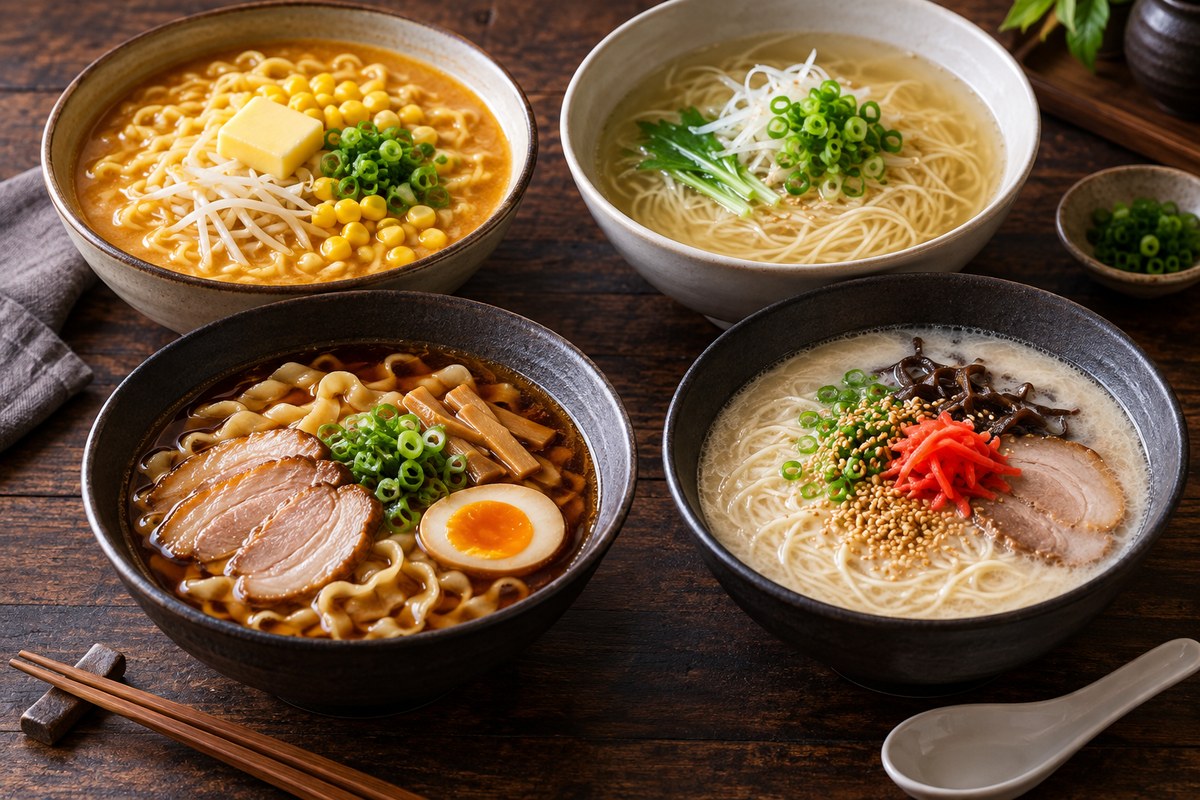 Four different bowls of ramen: miso with corn and butter, clear salt broth, dark soy sauce broth with curly noodles, and creamy pork bone broth