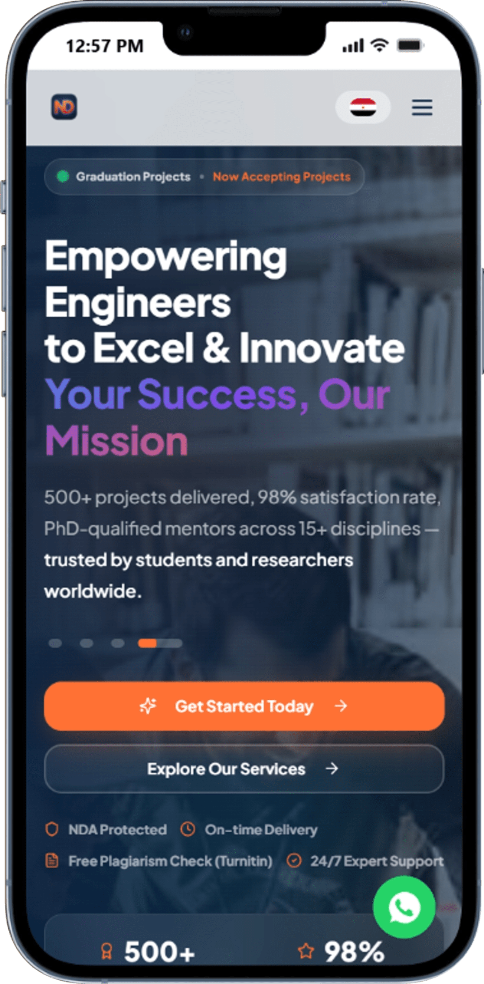 NextDegree services page on a laptop: multi-discipline engineering offering