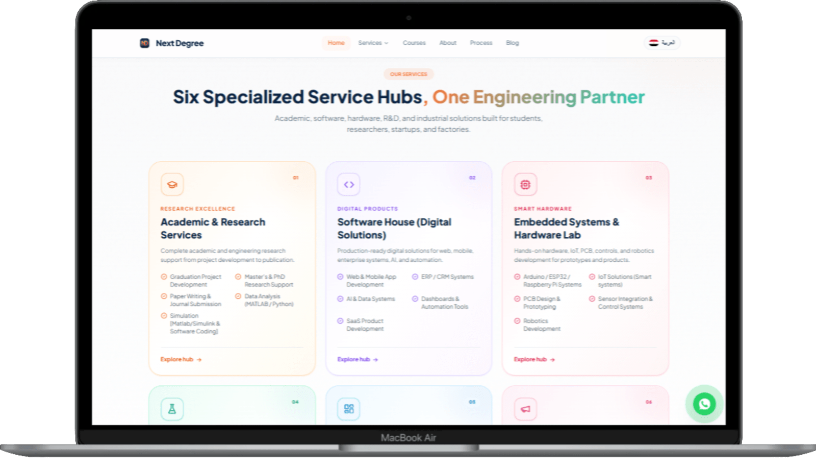 NextDegree homepage on a laptop: engineering services partner for academic, software and embedded hardware work, built by DXB Hero