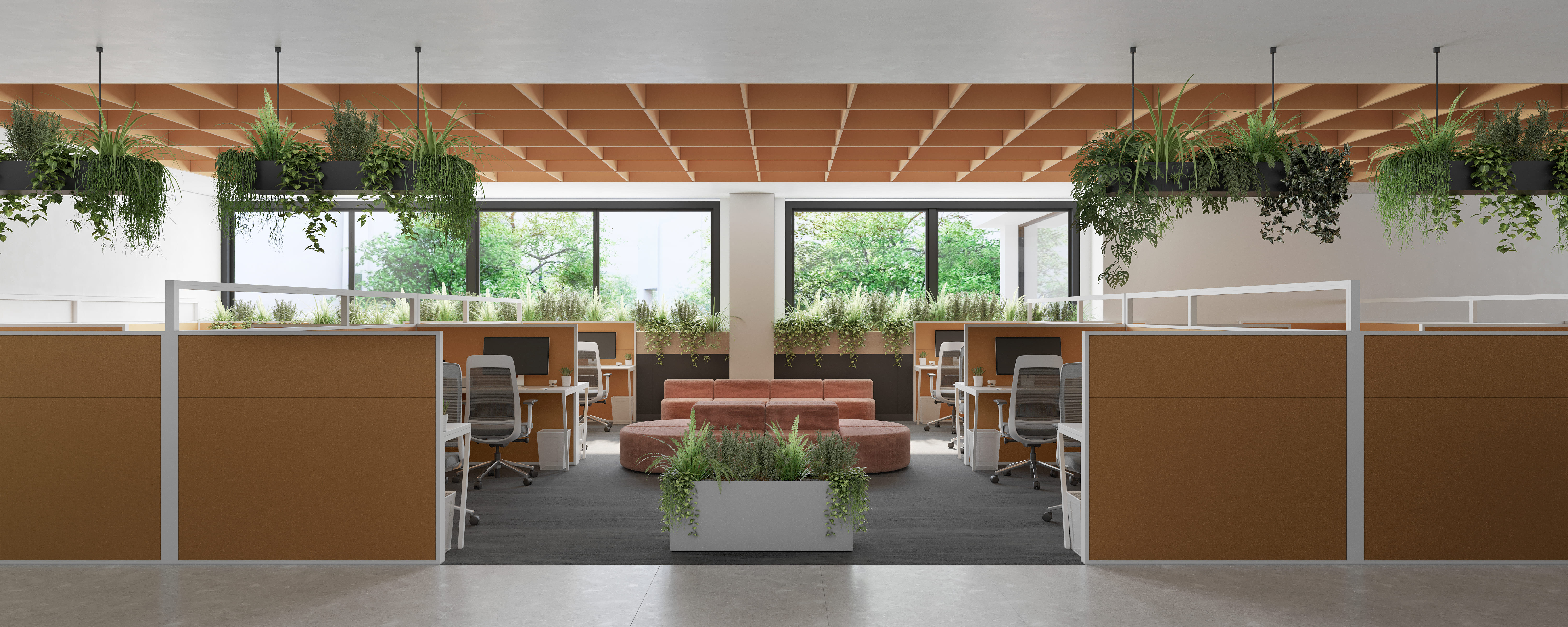 Modern HUDCO office open workspace design in New Delhi with grid ceiling, muted earth tones, natural light, and biophilic elements for a balanced work environment.