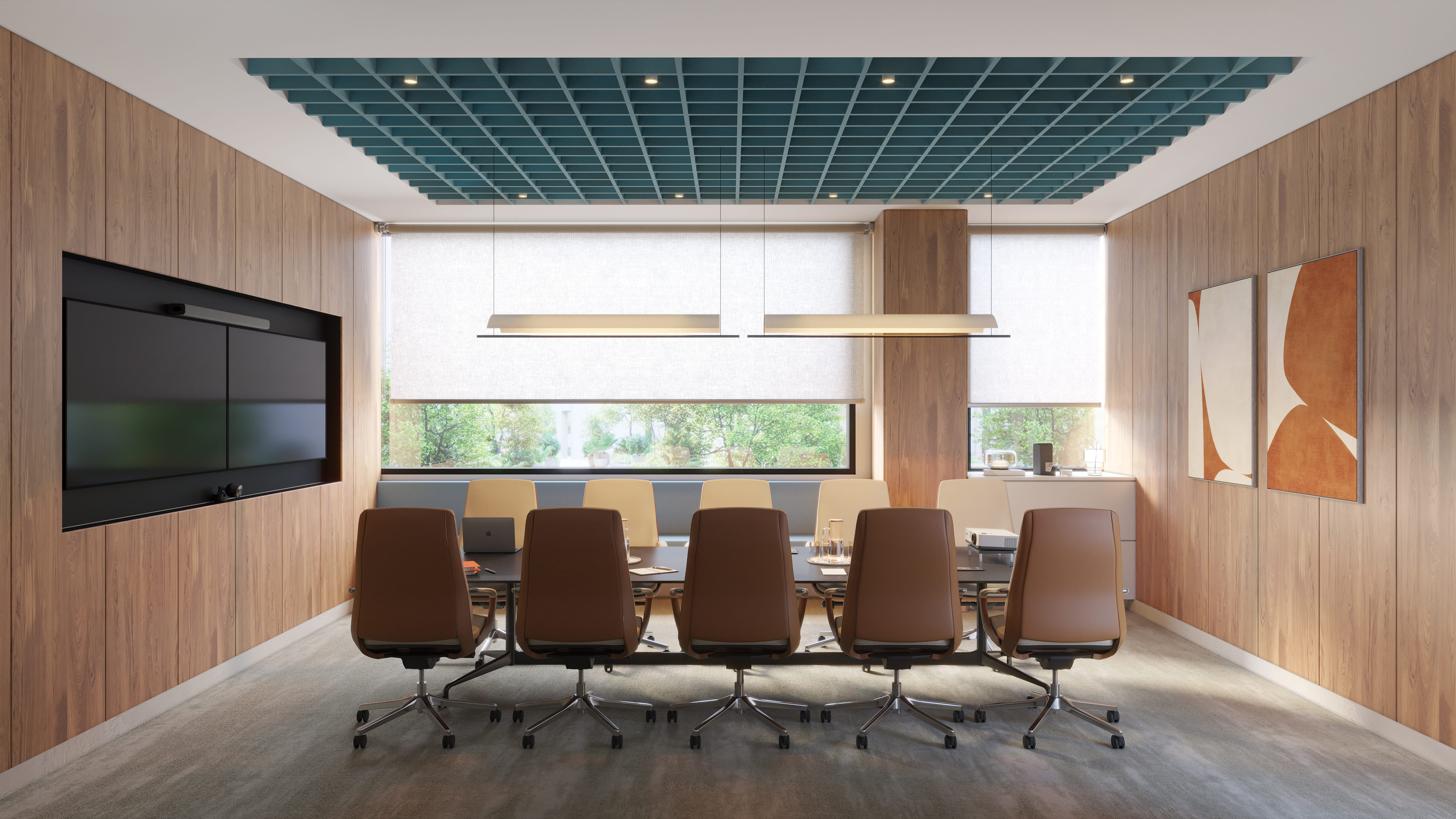 Minimalist meeting room interior design at HUDCO office, India Habitat Centre featuring clean lines, functional furniture, and modern corporate aesthetic.
