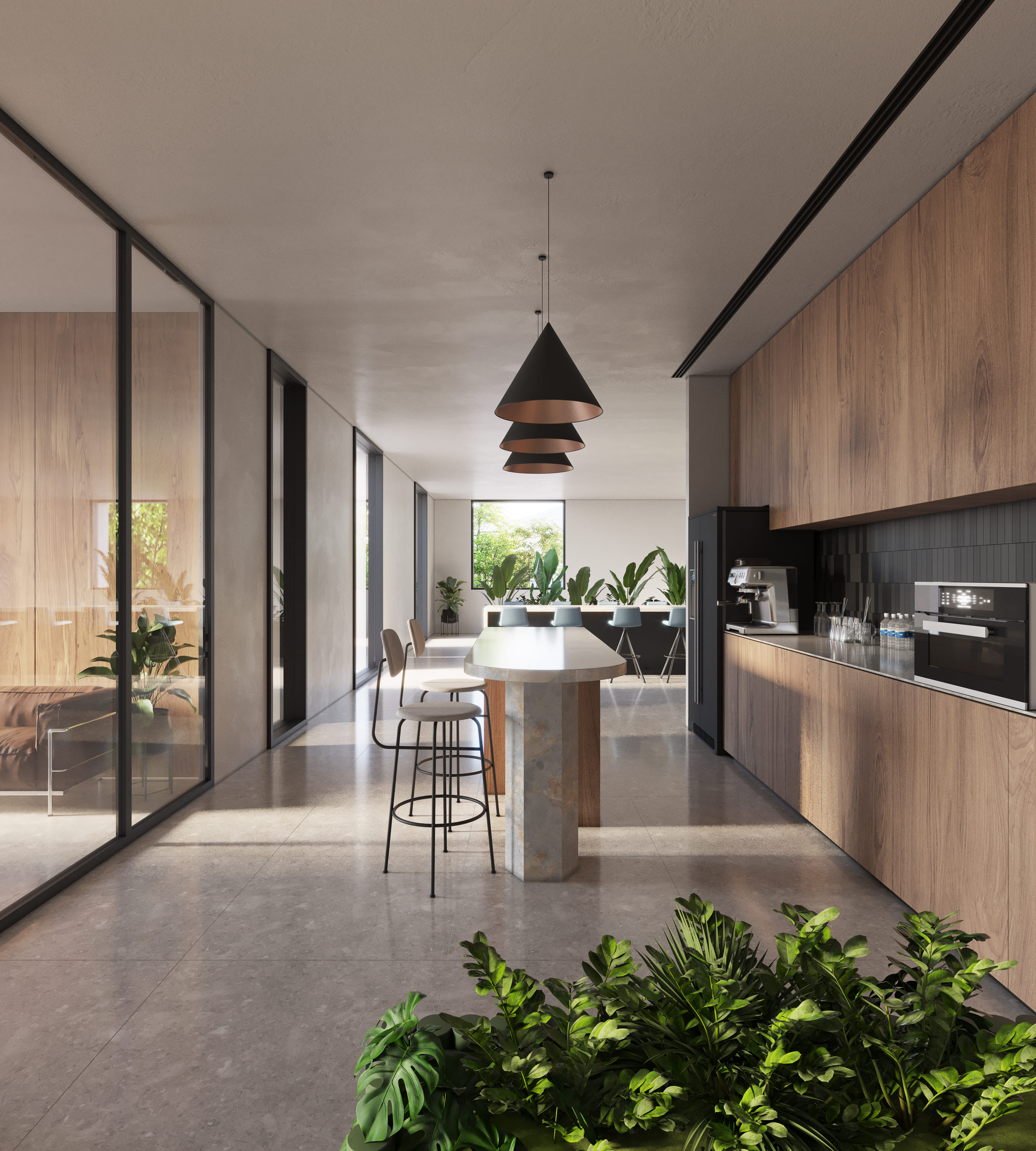 Renovated HUDCO office pantry at India Habitat Centre with wood finishes, greenery, and clean modern design for a human-centered workspace in New Delhi.