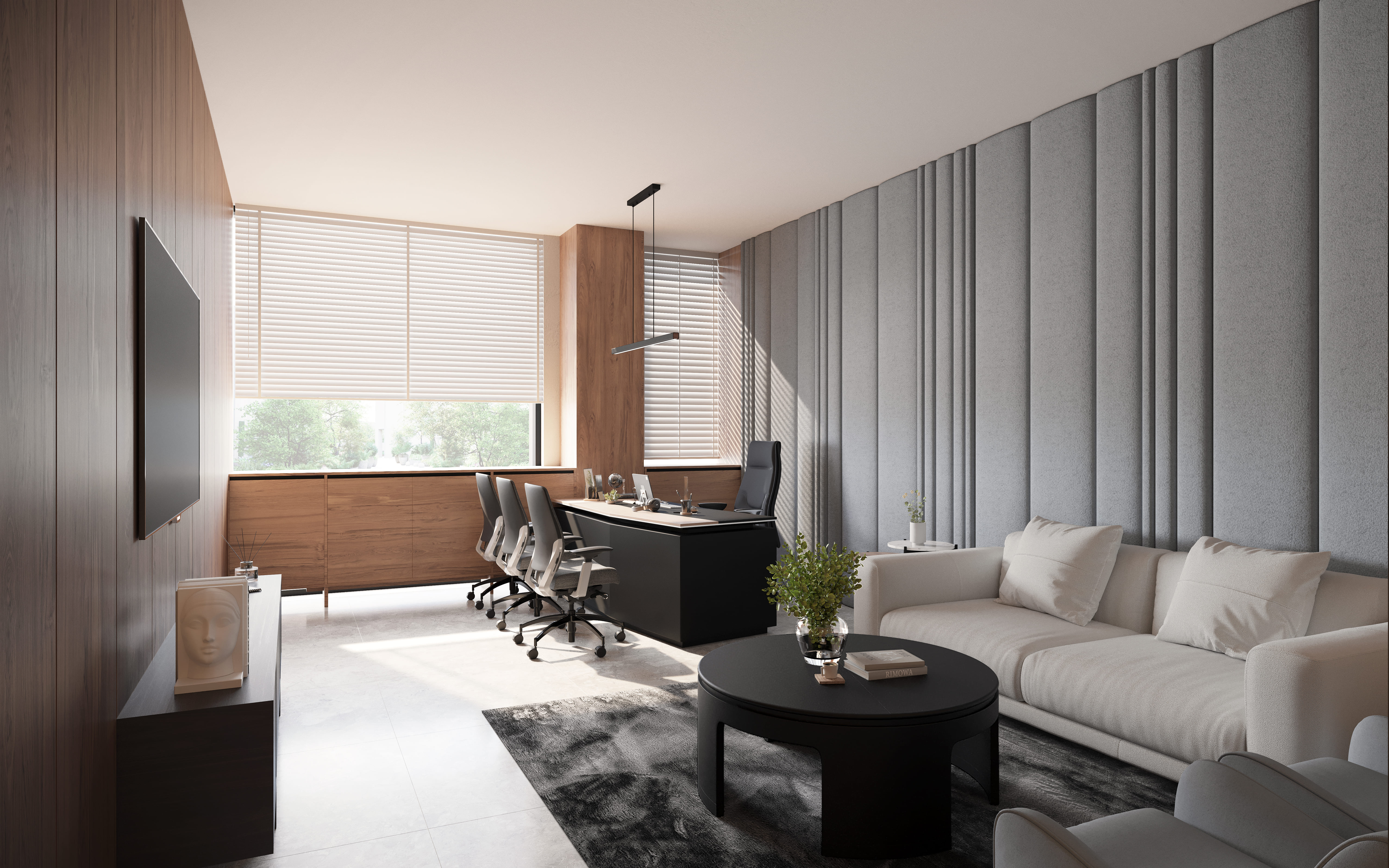 Executive director's office design at HUDCO workplace, New Delhi with veneer wall panelling, acoustic detailing, and a modern professional atmosphere.