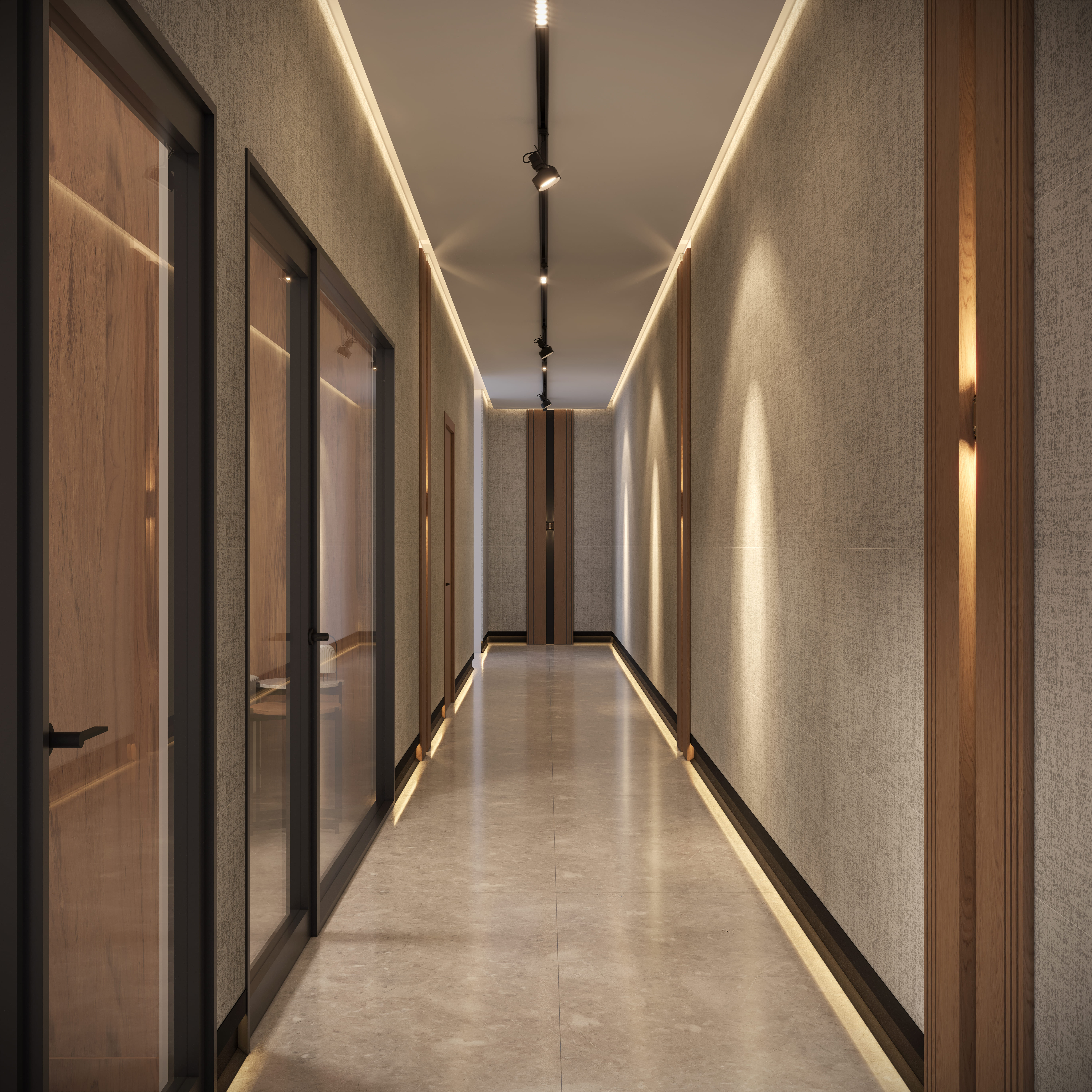 HUDCO meeting room interior with wood finishes, bold teal ceiling grid, and curated artwork for a vibrant and functional workplace environment.