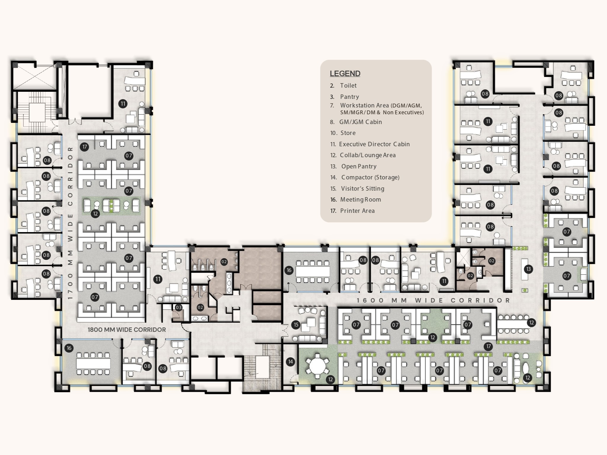 HUDCO office floor plan at India Habitat Centre, showing clear circulation spine, collaborative hubs, executive cabins, and open workstation areas.
