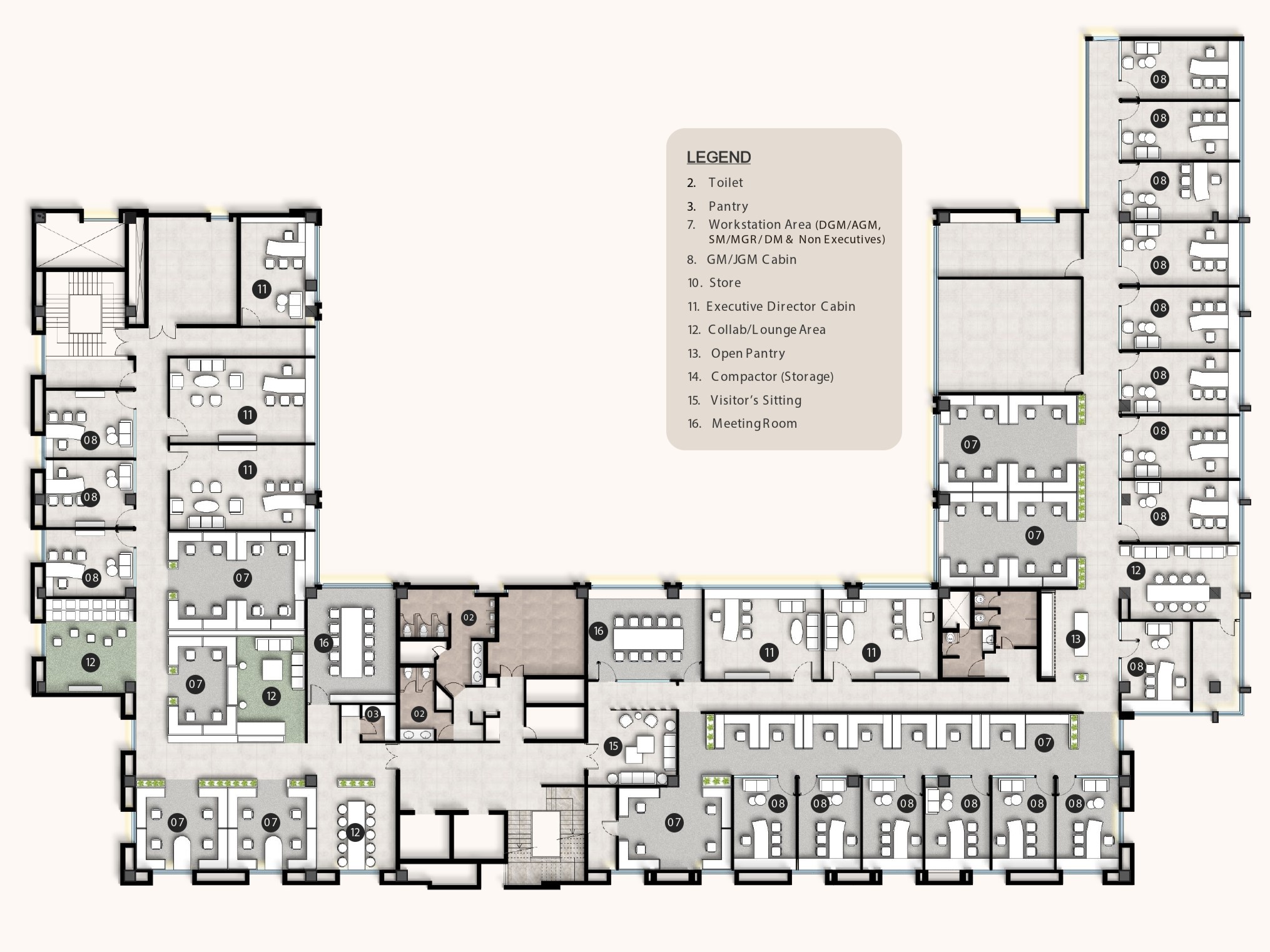 Biophilic office floor plan design at HUDCO workplace with planters and green dividers used as partitions, integrating nature into modern office layouts.