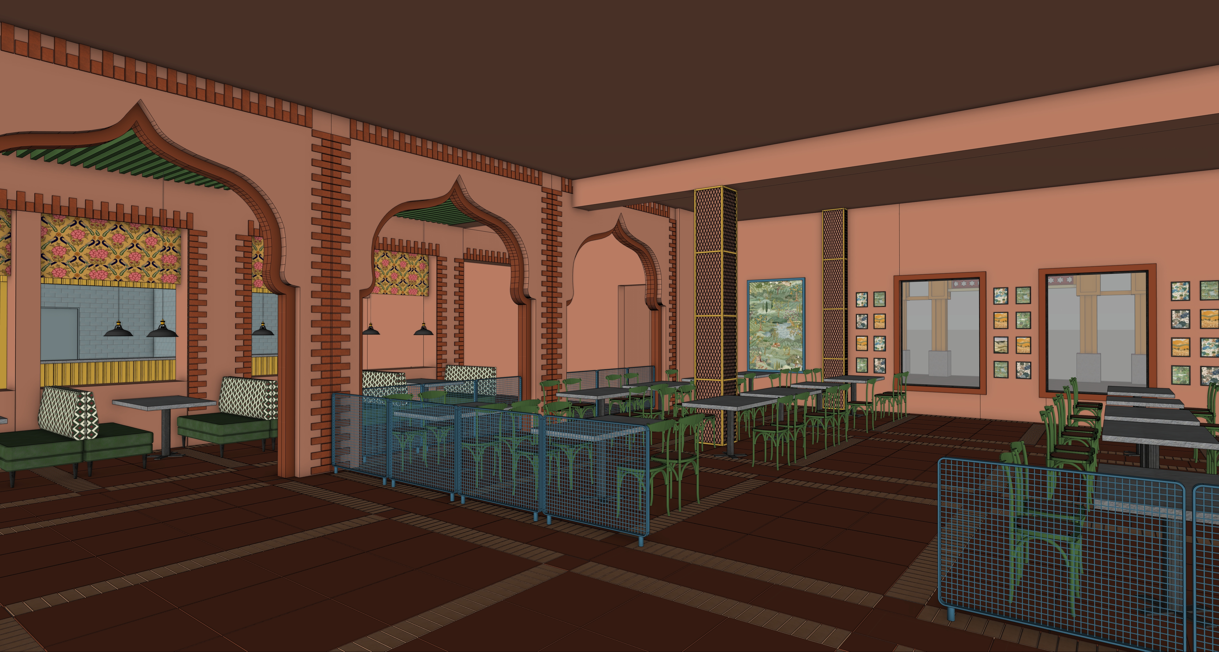 Highway Masala dining hall with repetitive arches and brick frames