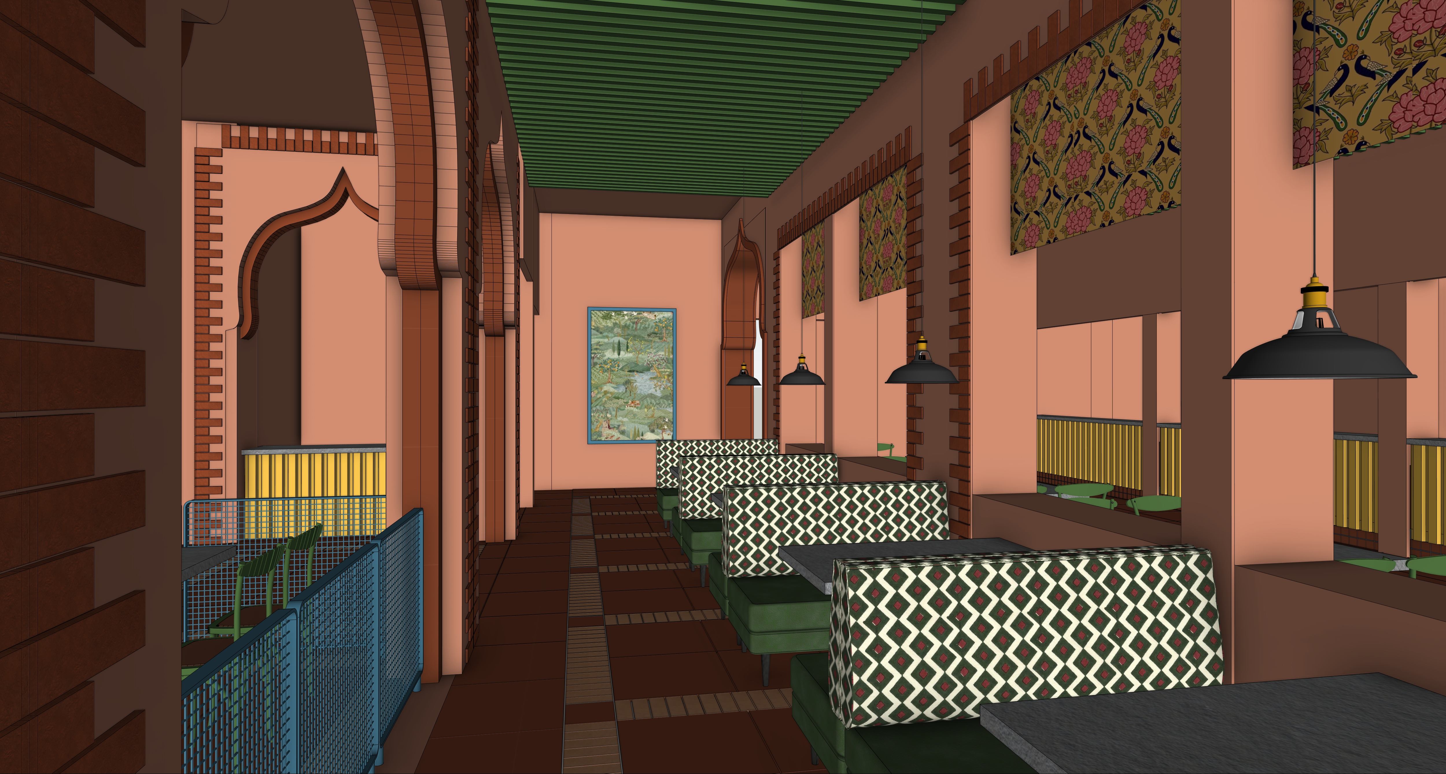 Highway Masala intimate booth seating beneath patterned blinds and Rajasthani arches