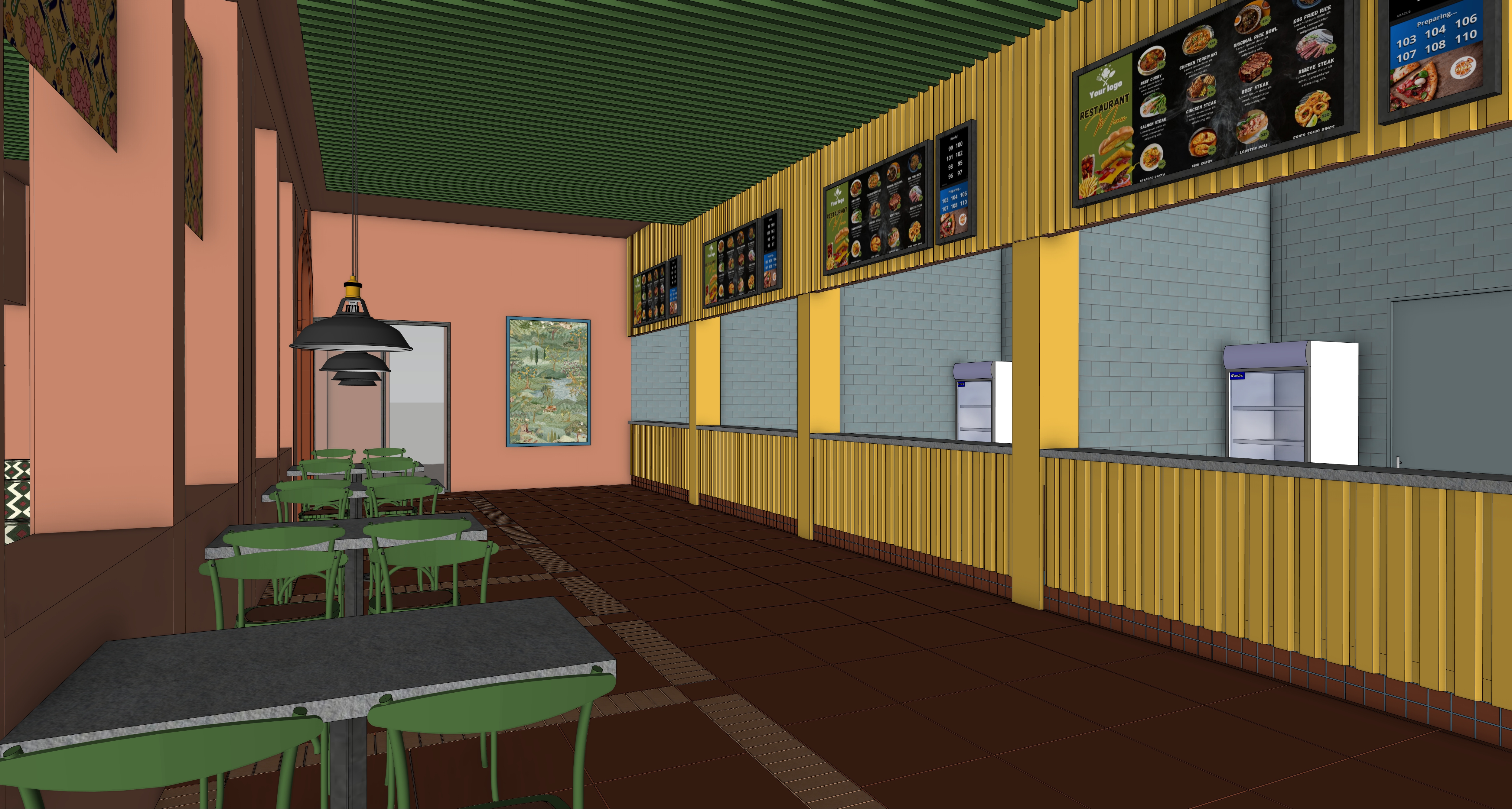 Highway Masala serving counter with bright yellow sheet cladding and light washing