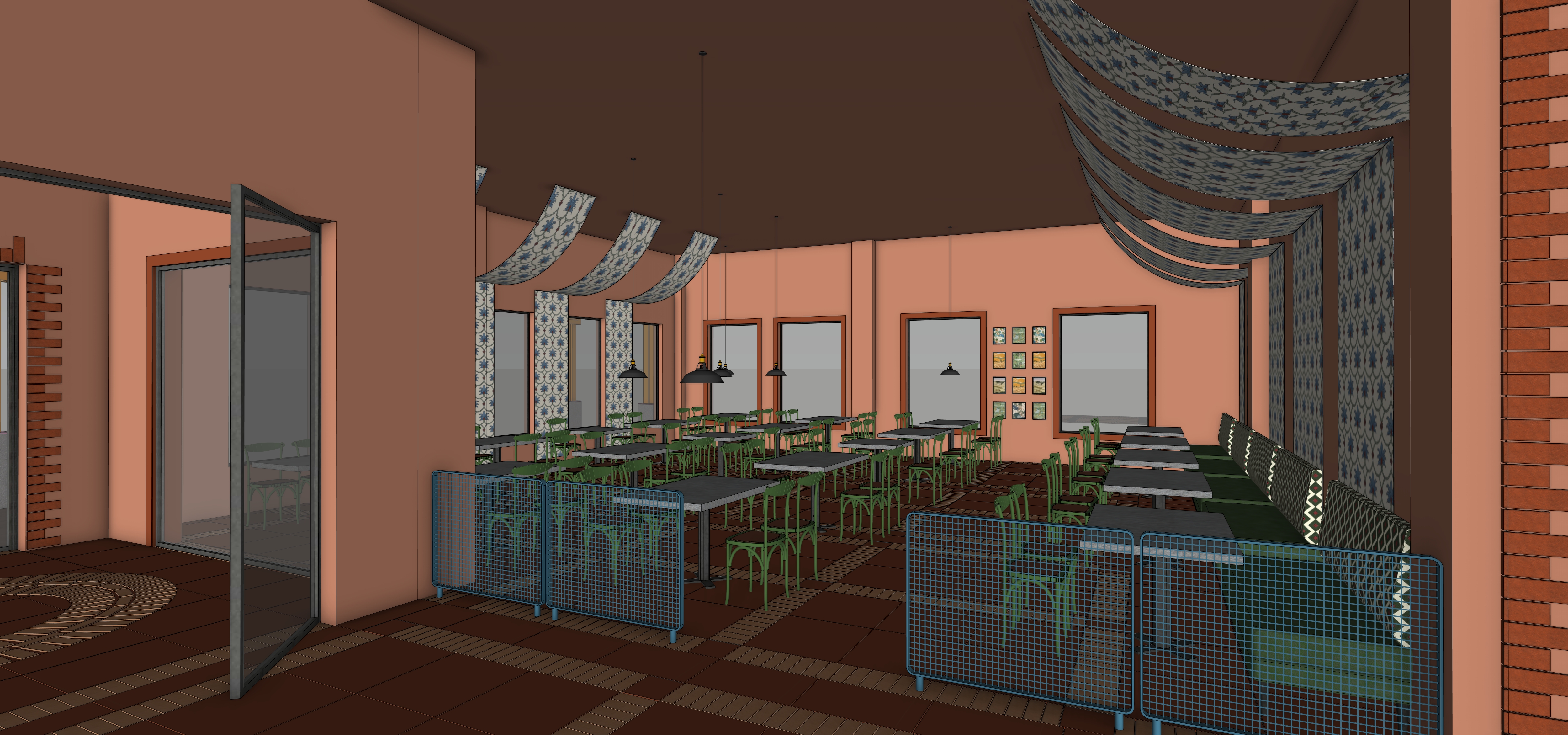 Highway Masala dining space with soft fabric canopies in muted blues