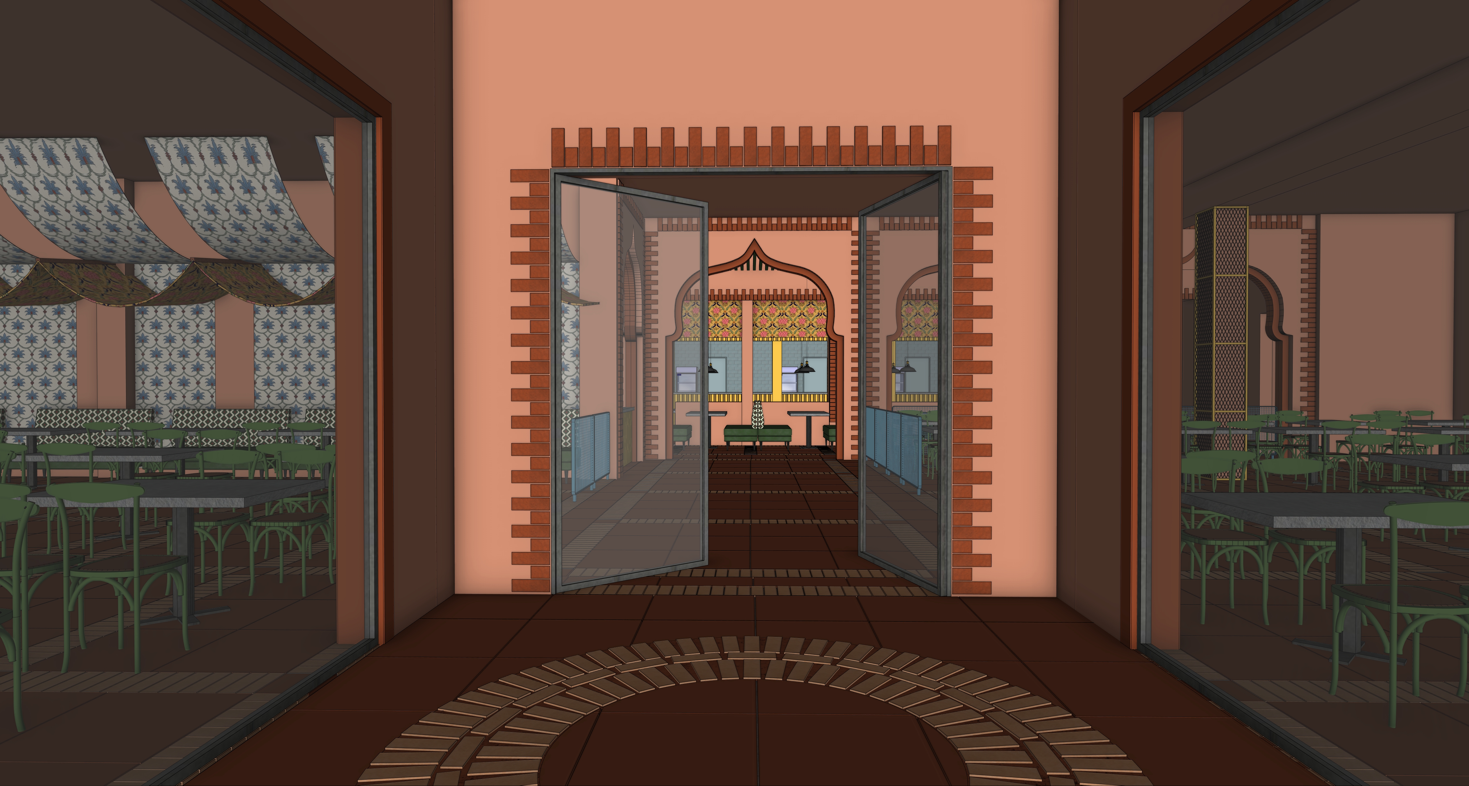 Highway Masala entrance with arches, textured wall, terracotta tiles, clay pavers, and glass windows