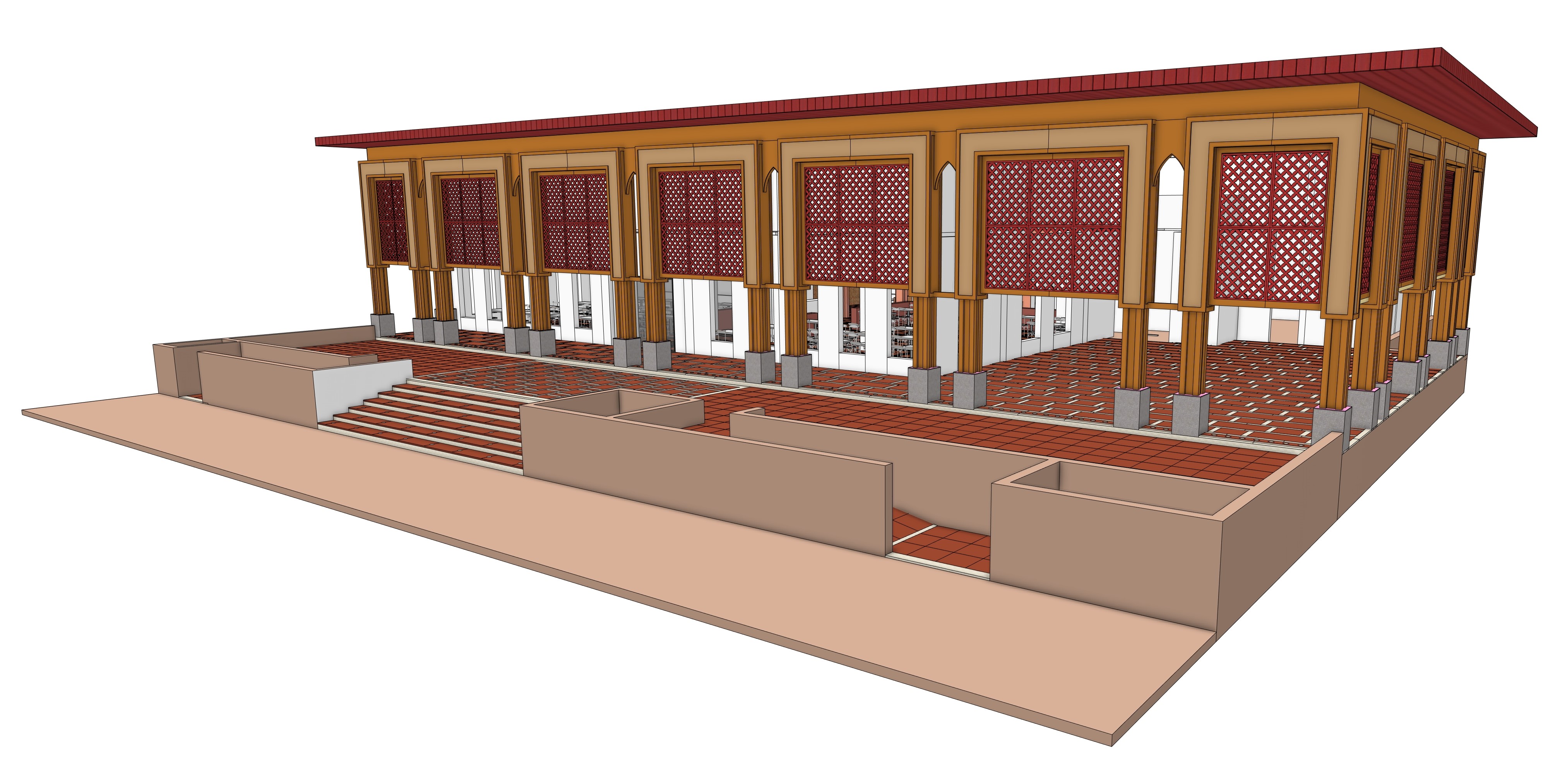 Highway Masala exterior with terracotta floors, high arches, and jaali design