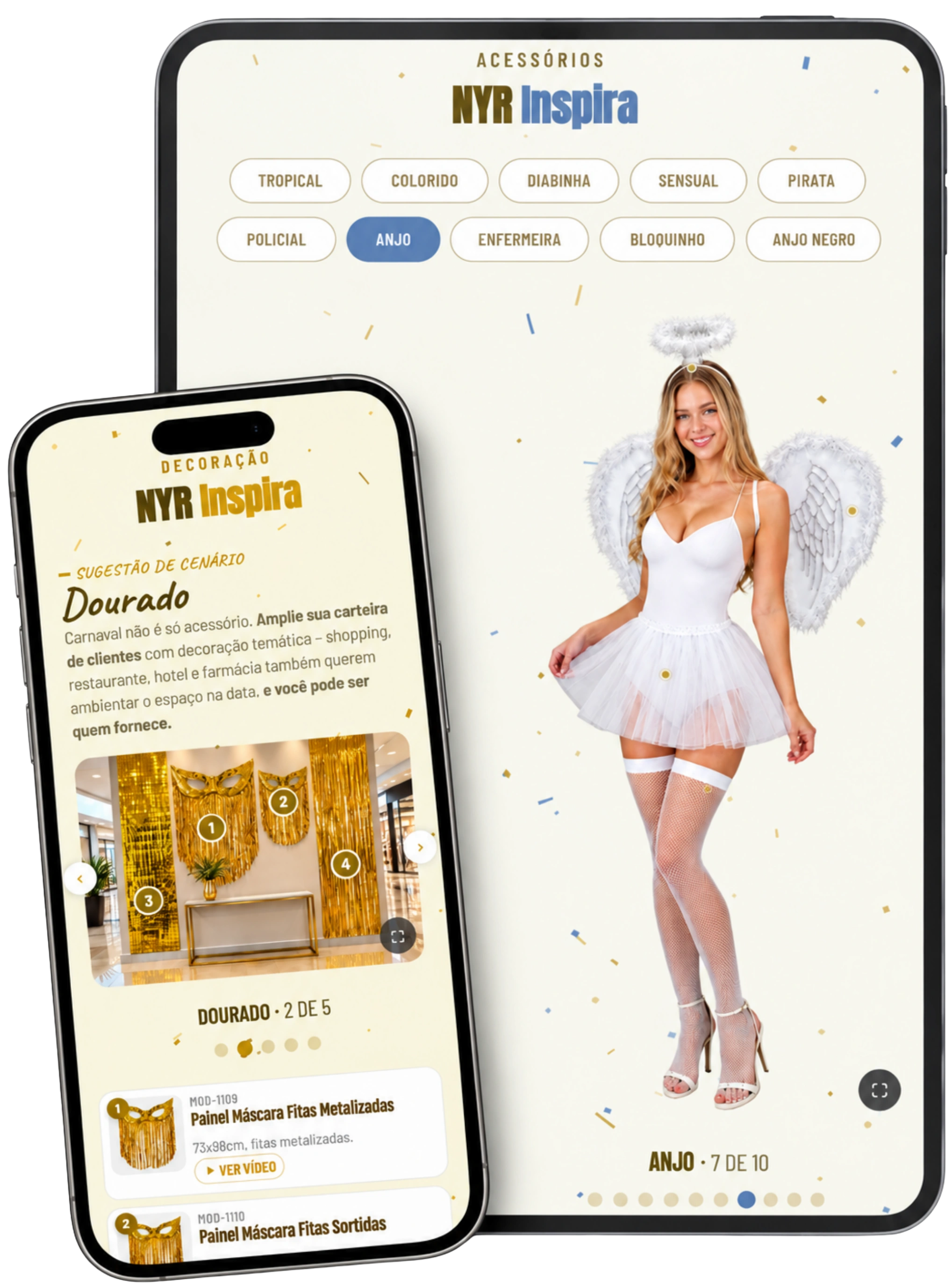 Página NYR Inspira em tablet e celular: looks de fantasia e cenários de decoração com as peças do catálogo indicadas