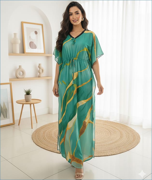 islamic fashion Printed Kaftan Dress green color islamic fashion Printed Kaftan Dress green color
