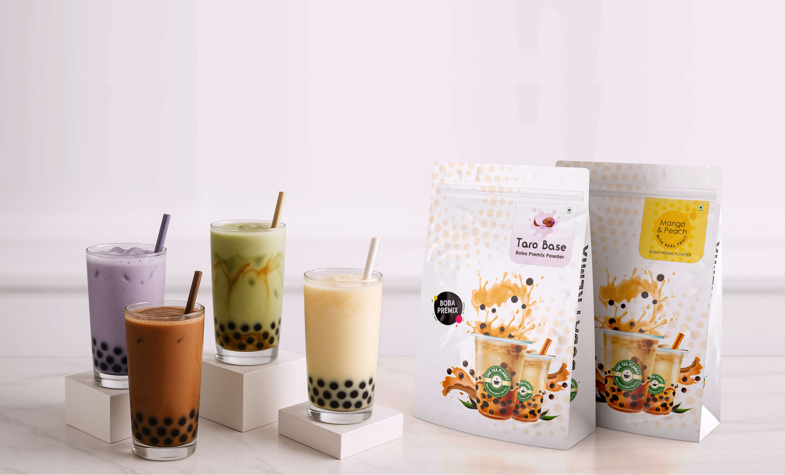 Taro Base and Mango & Peach Boba Premix with drinks