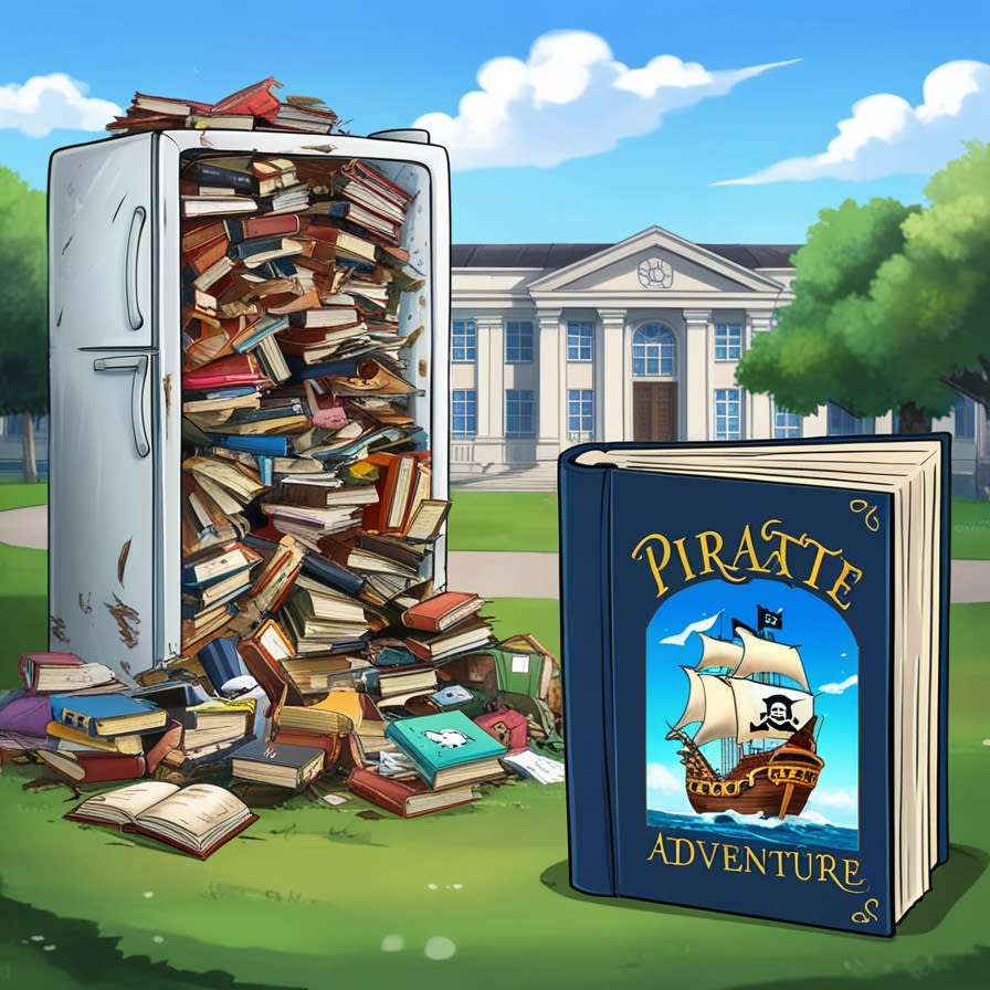 Figura a geladeira abandonada, a nova biblioteca que encontrei e o livro de piratas.