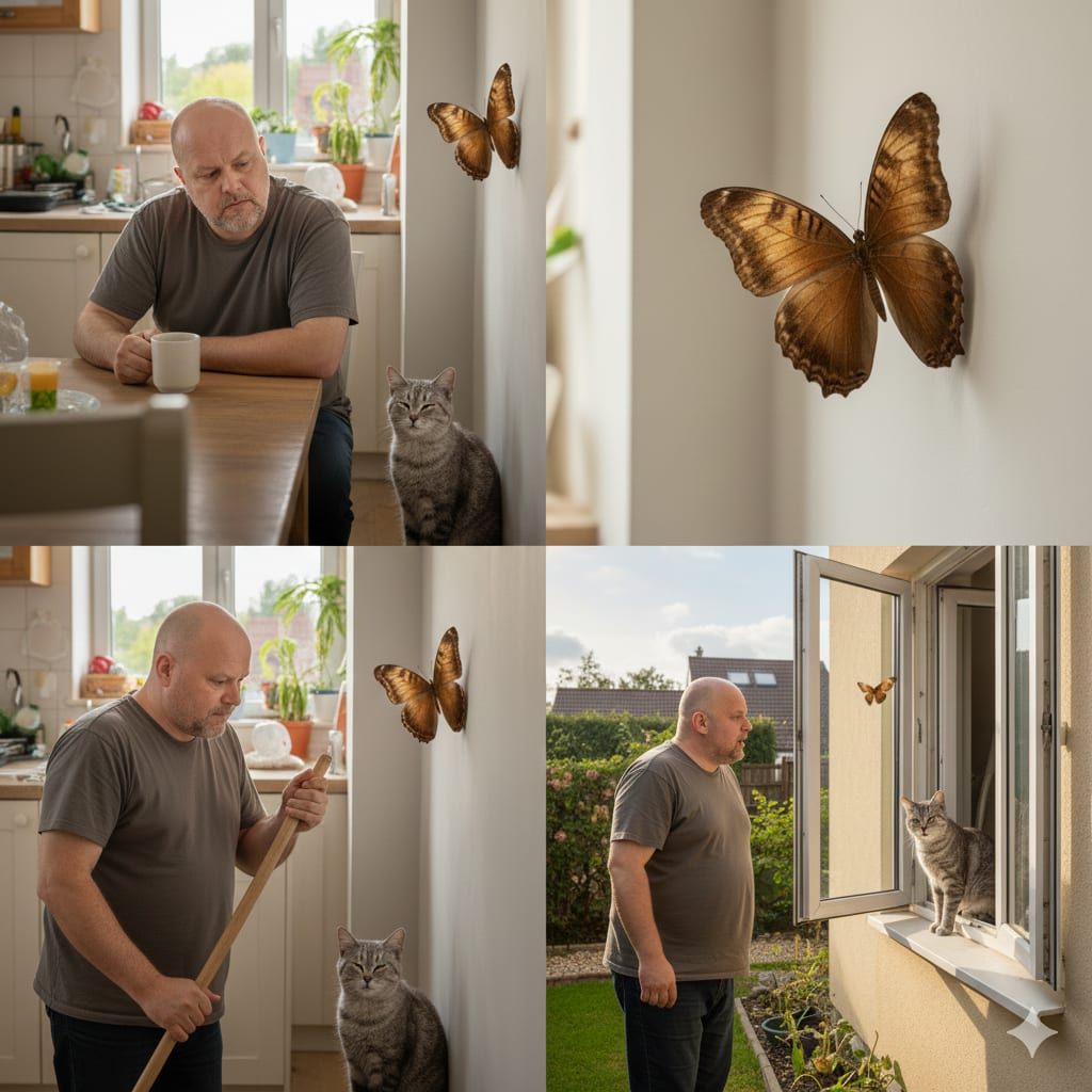 A imagem mostra um homem (parecido comigo) lidando com uma borboleta invasora enquanto cuida pra gata não pegar a invasora