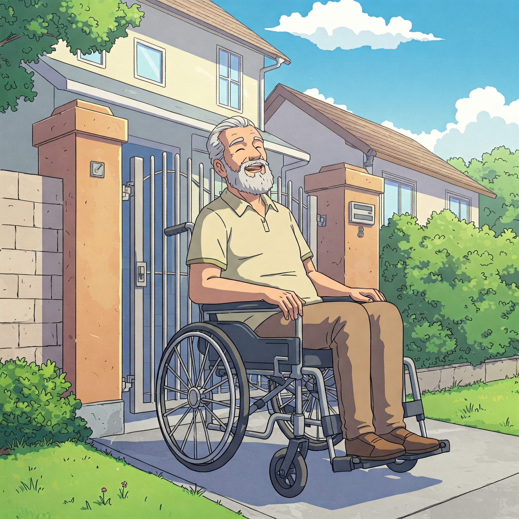 Imagem de um cadeirante tomando sol a frente de sua casa