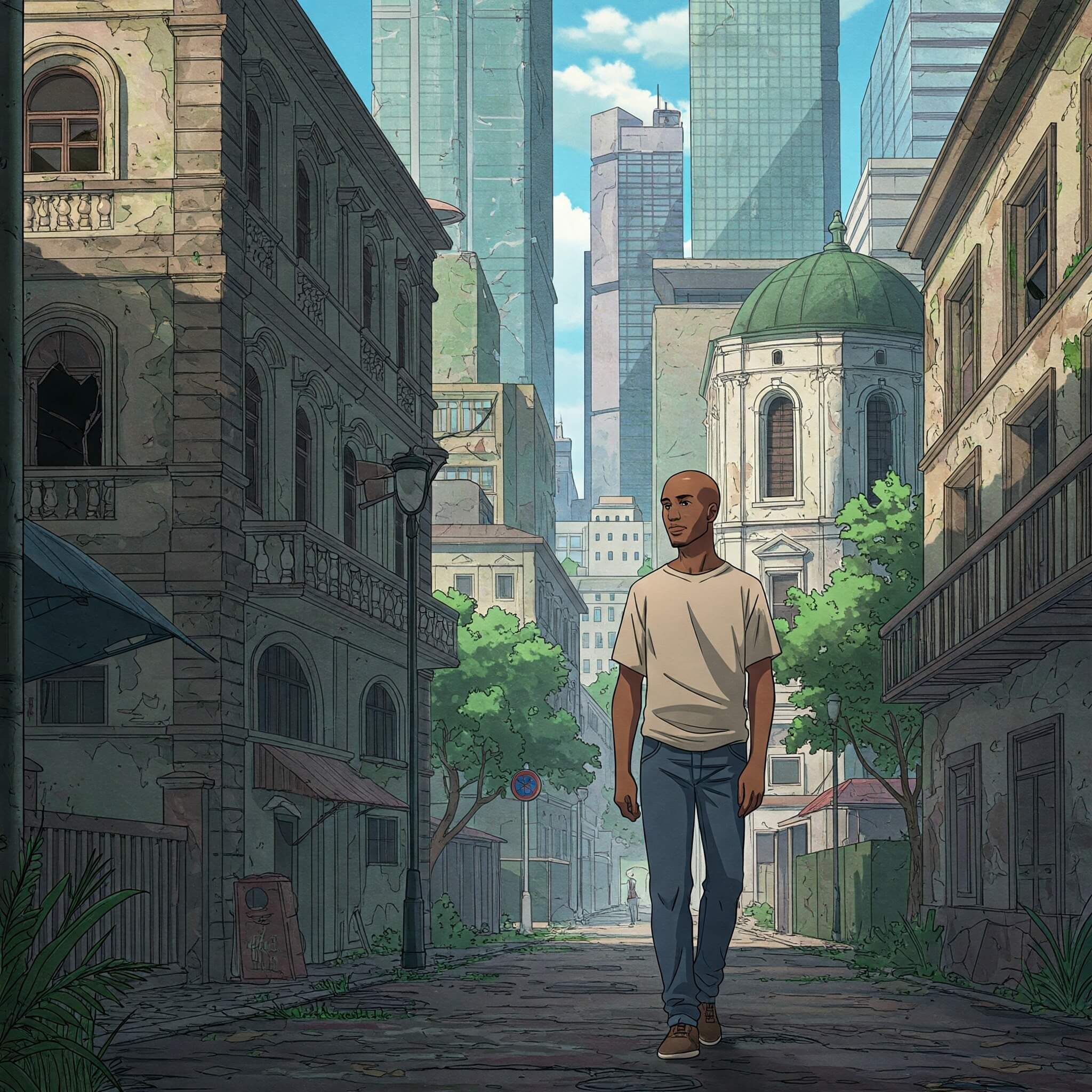 Imagem de um homem careca caminhando pela cidade