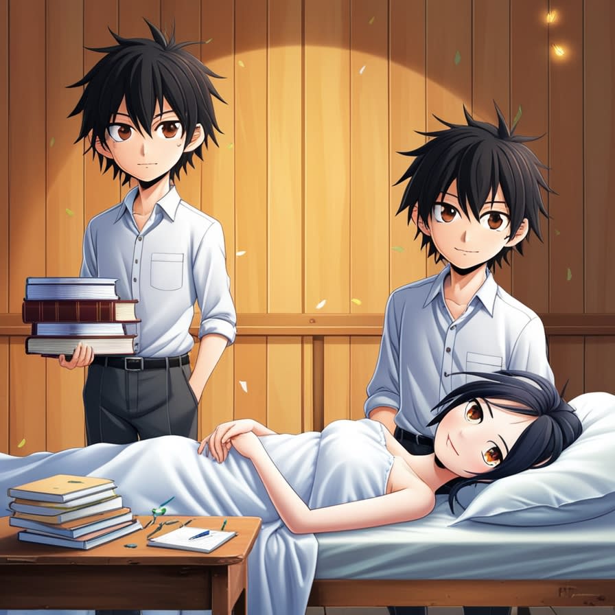 Figure representing the book, where two twins, and one of them has a bedridden girlfriend and the plot develops around this.