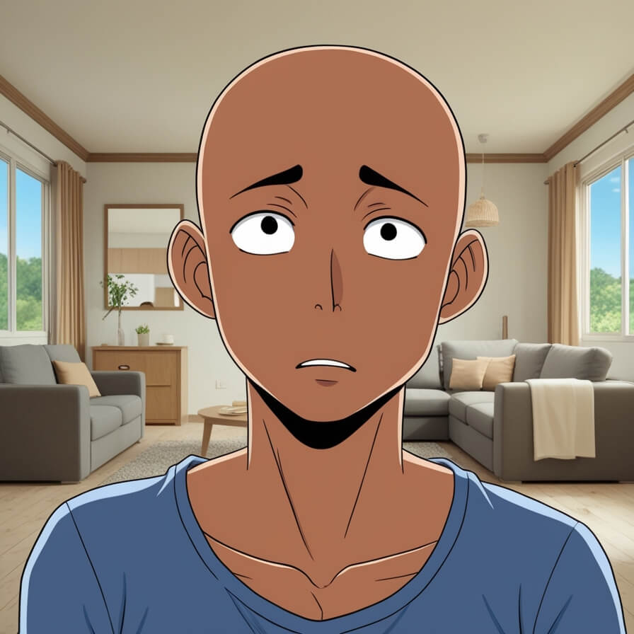 Illustration of a person sitting on a couch, looking uncomfortable, thoughtful or tired, in an indoor environment.