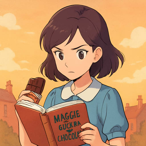 Figura que representa maggie lendo um livro em uma mão e em outra ela tem uma barra de chocolate, ela está com cara de brava.