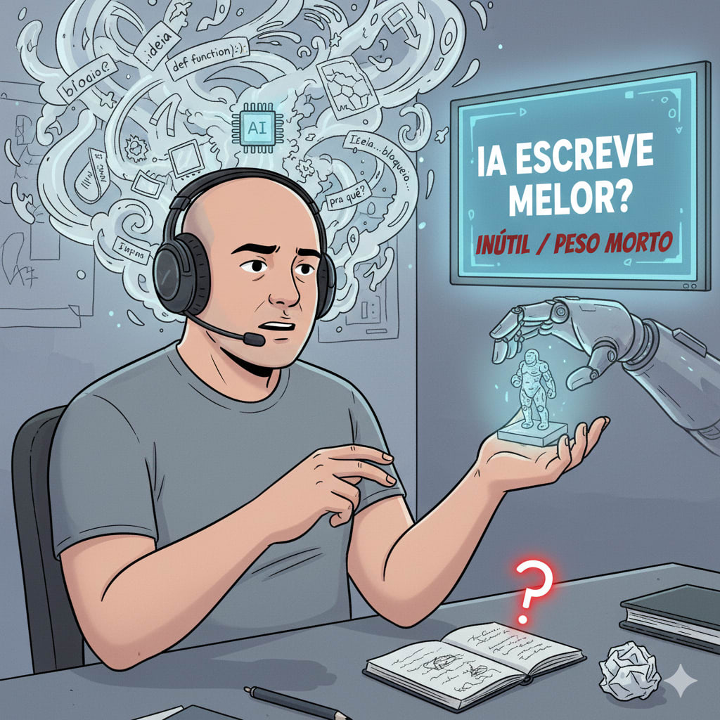 pensando parecendo estar em um podcast com um quadro escrito 'IA Escreve melor (como foi ia que criou escreveu errado kkkk) INUTIL / PESO MORTO'. E com algo como se fossem pensamentos saindo de sua cabeça