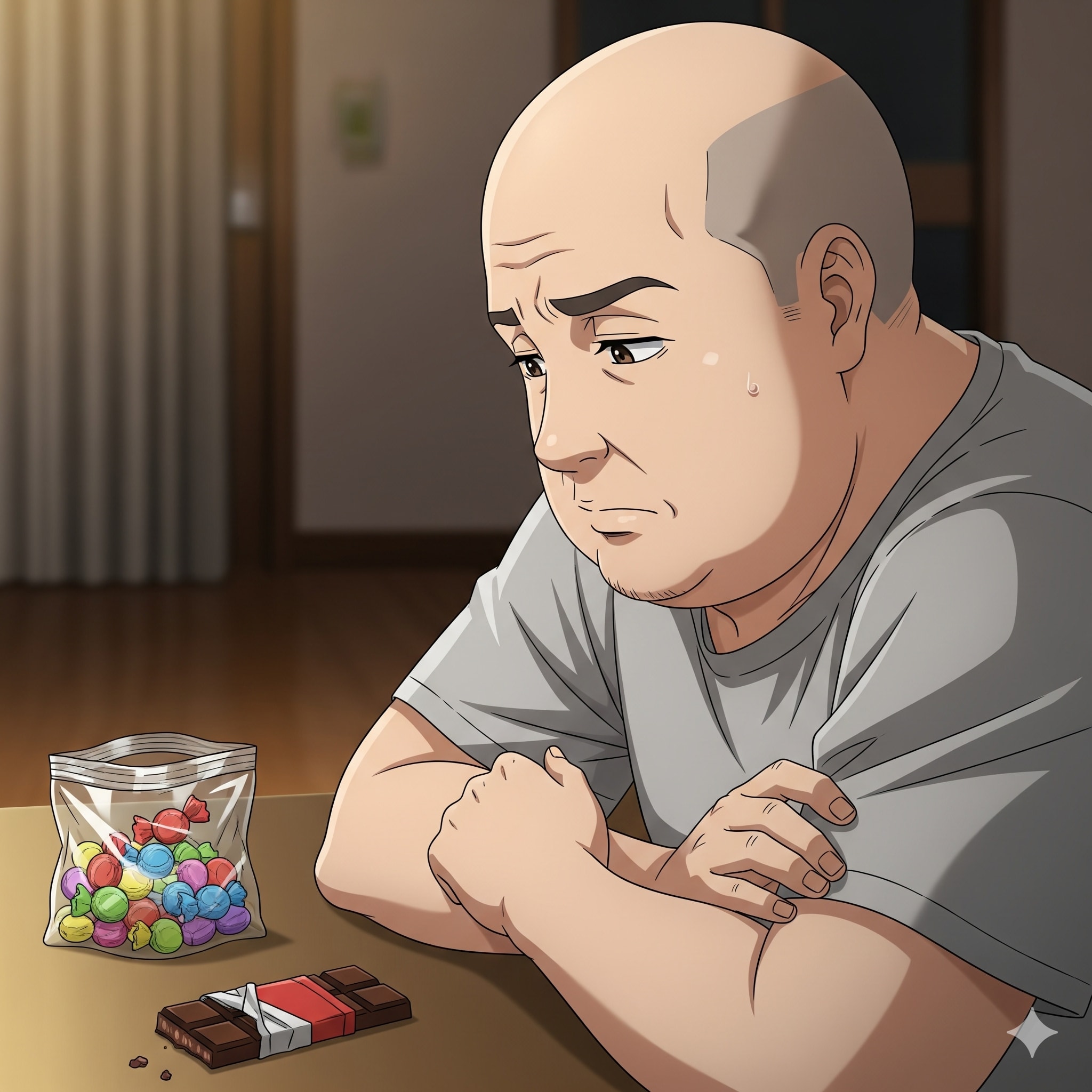 Imagem de um gordo careca de 44 anos que parece reflexivo sobre mas está com doces sobre a mesa.