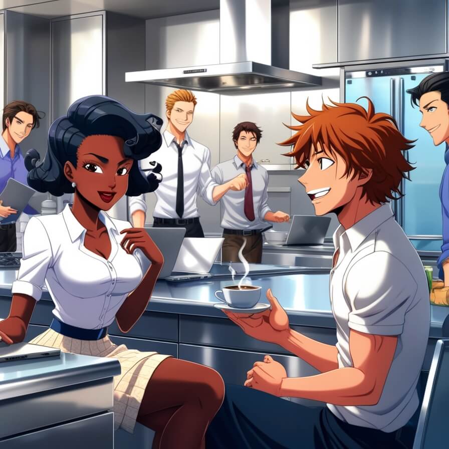 A imagem mostra uma mulher morena que conversava com outros homens na cozinha de uma empresa (trecho que será abordado no final)